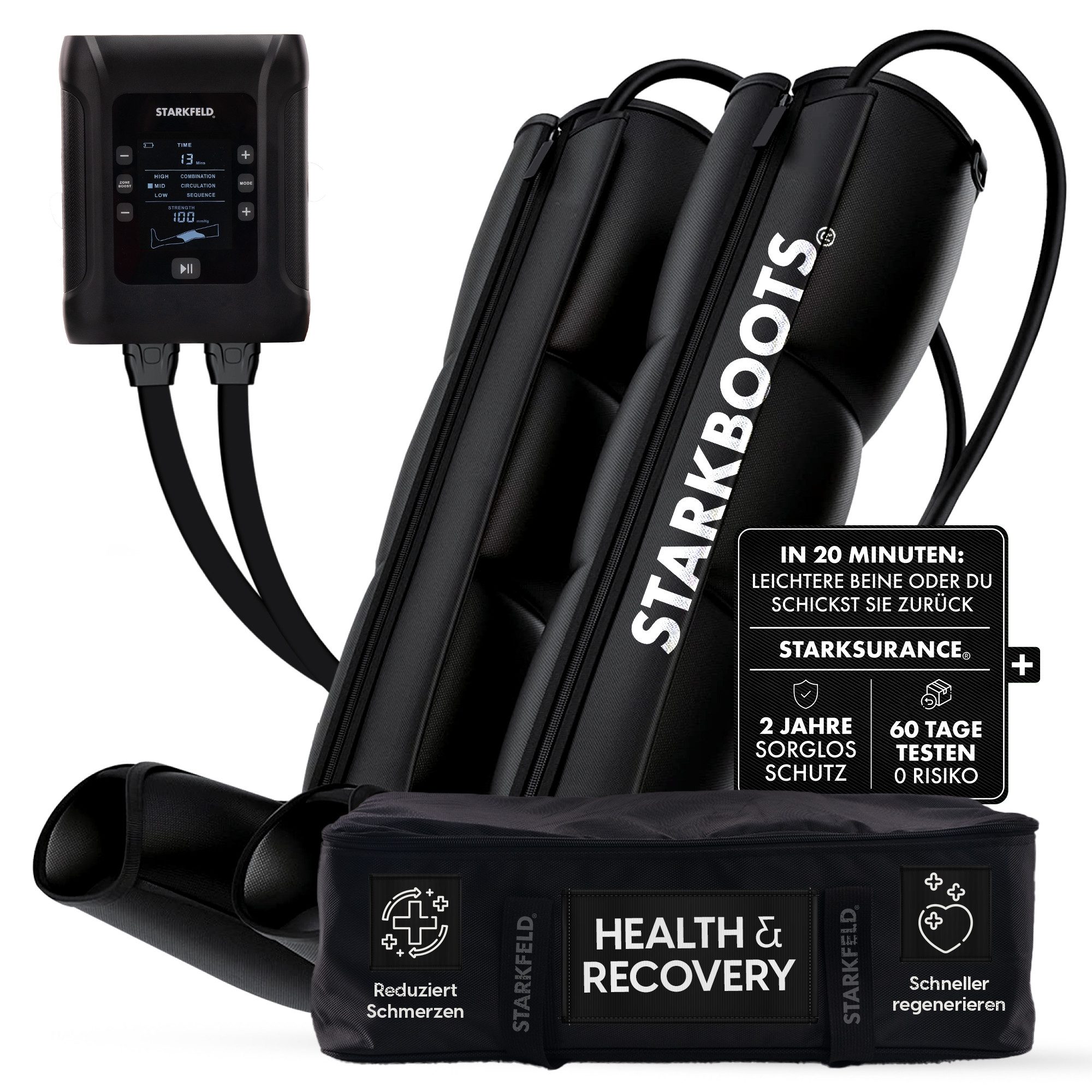 STARKFELD Fußmassagegerät STARKBOOTS® Lymphdrainage Gerät – Recovery Boots & Bein Massagegerät, 8 Drucksensoren, Bein Massagegerät mit kabellosem Smart Monitor mit 2 Stunden Laufzeit, Venenrückfluss & gegen Wassereinlagerungen