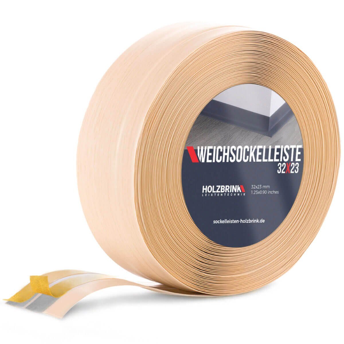HOLZBRINK Sockelleiste PVC Weichsockelleiste selbstklebend 32x23mm Kiefer, 25m Rolle, Küchenabschlussleiste Arbeitsplatte, Fensterleiste, Fensterabdichtung