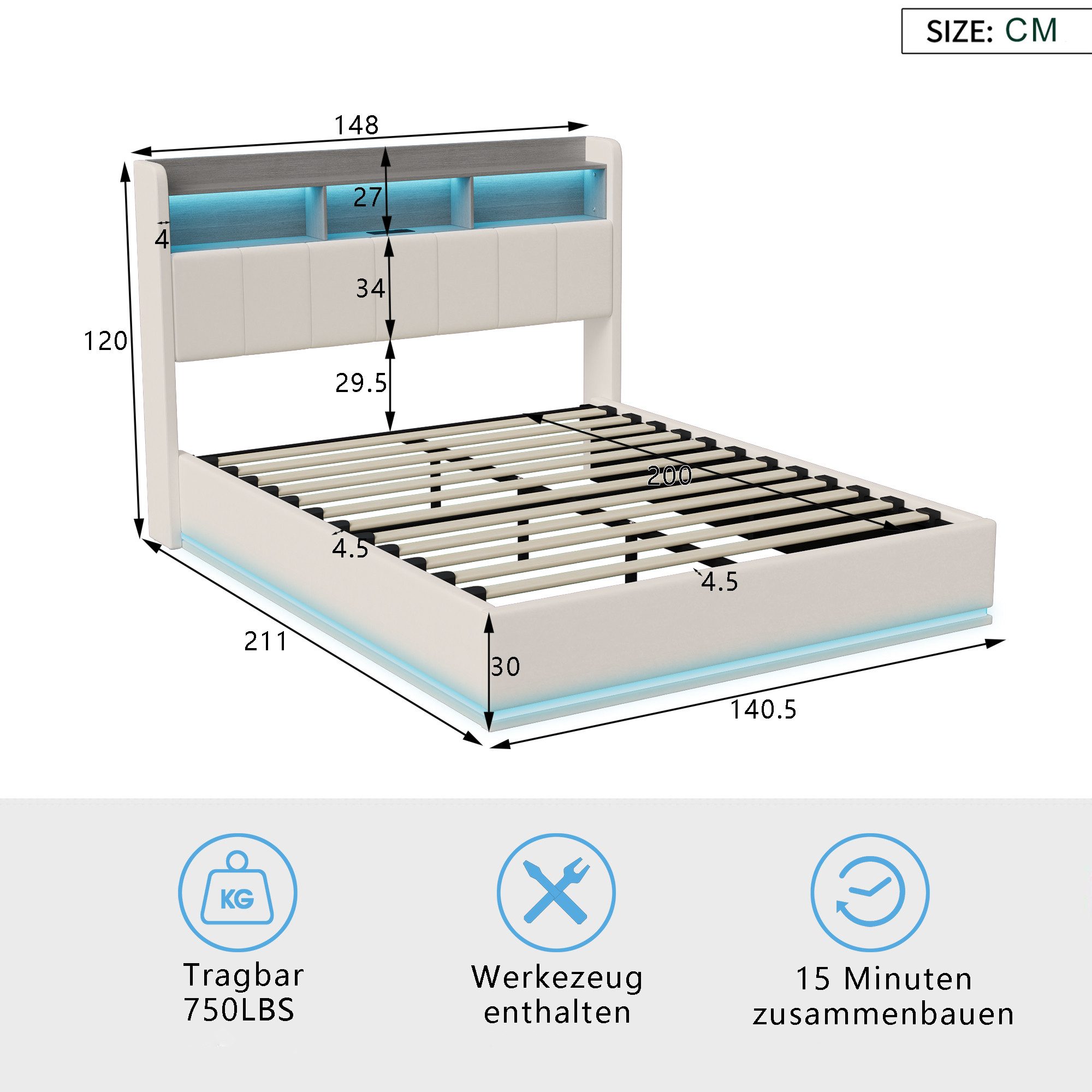 NMCXXO Polsterbett Modernes Bett mit LED-Beleuchtung und Stauraum (Kopfteil mit stauraum), Polsterbett mit Kopfteil, Ablage und LED-Beleuchtung