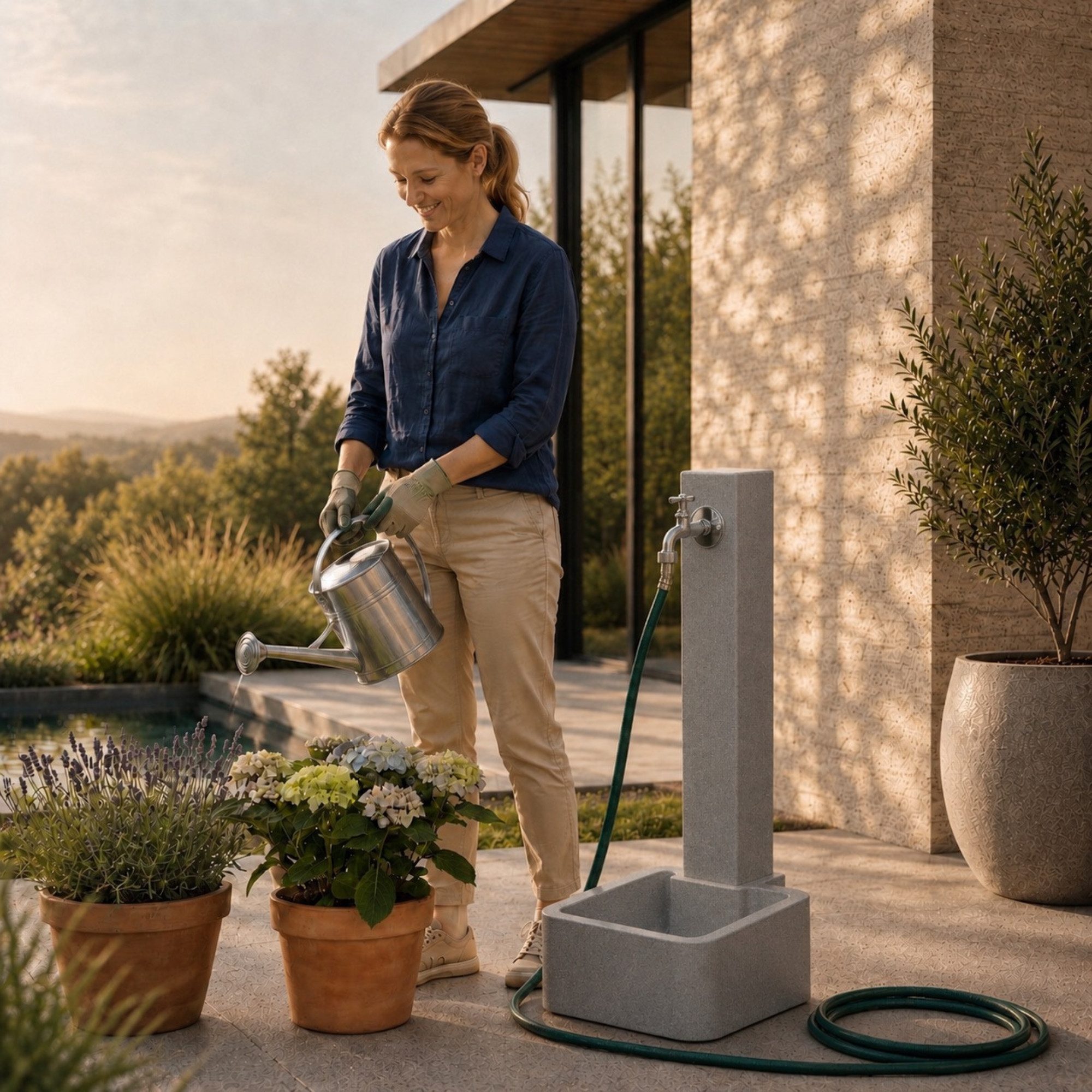 YourCasa Gartenbrunnen Rivano Wassersaüle Garten mit Auffangbecken 96cm Steinoptik, Auffangbecken, verchromter Wasserhahn