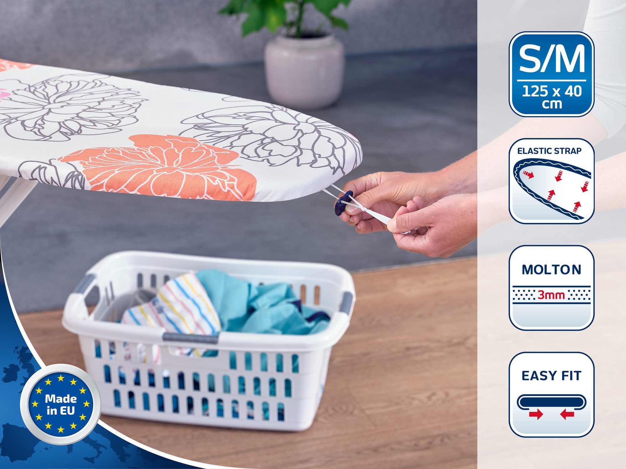 Leifheit Ersatz-Bügelbrettbezug Bügeltischbezug Cotton Comfort S/M, Für Dampfstationen geeignet, 125x40cm, 3mm Molton-Komfortpolsterung