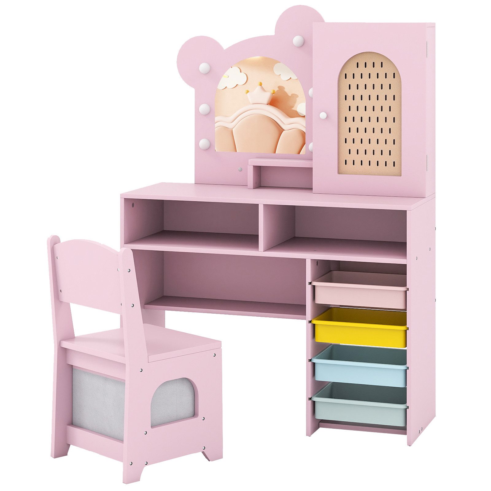 COSTWAY Schminktisch, Kinder Schminktisch mit Beleuchtung & Stuhl Set