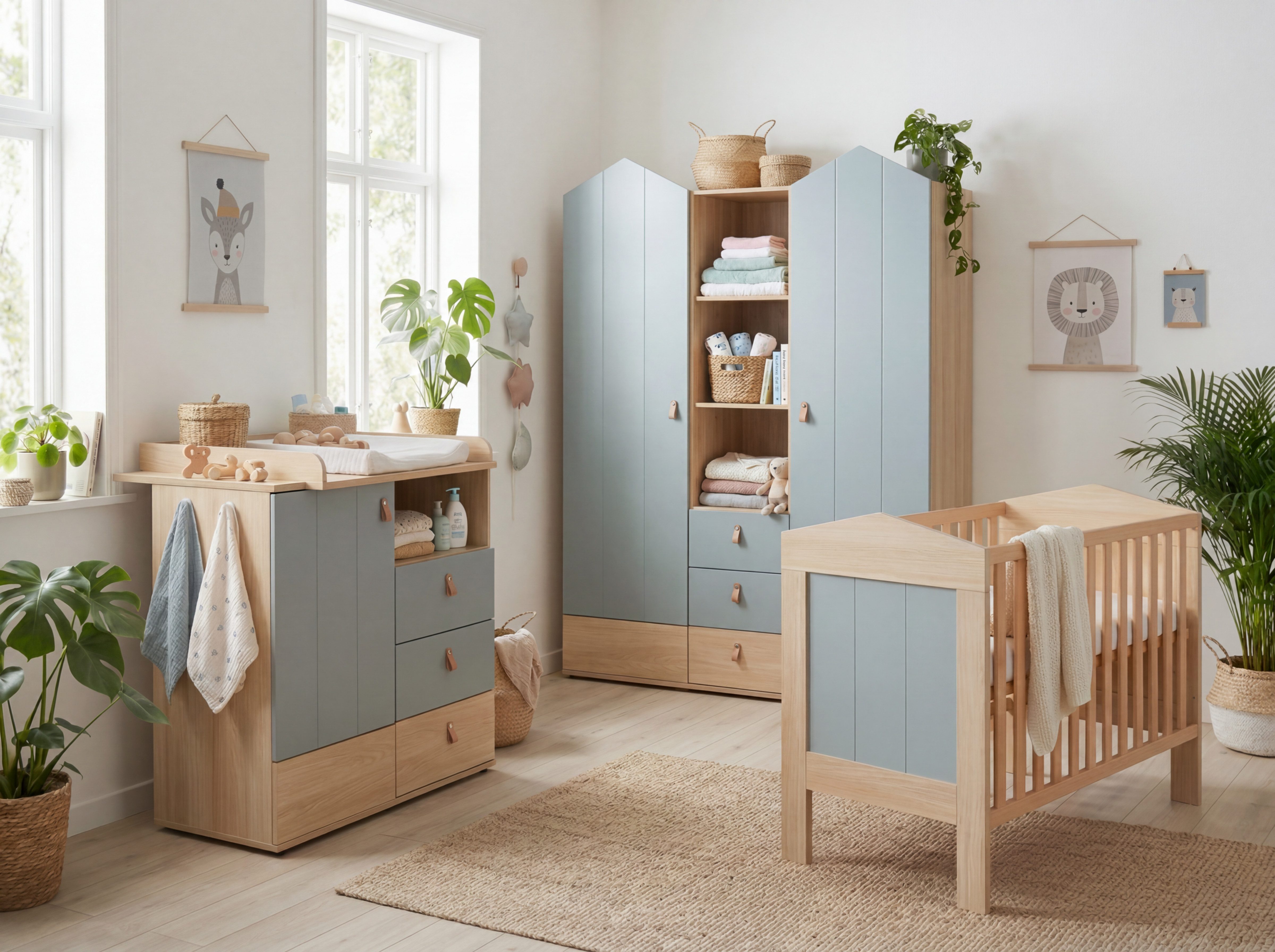 arthur berndt Babyzimmer-Komplettset Roofy, (Spar-Set, 3-tlg., Kleiderschrank, Wickelkommode, Babybett), Soft-Close, Türdämpfung, Ledergriffe, MDF-Fronten
