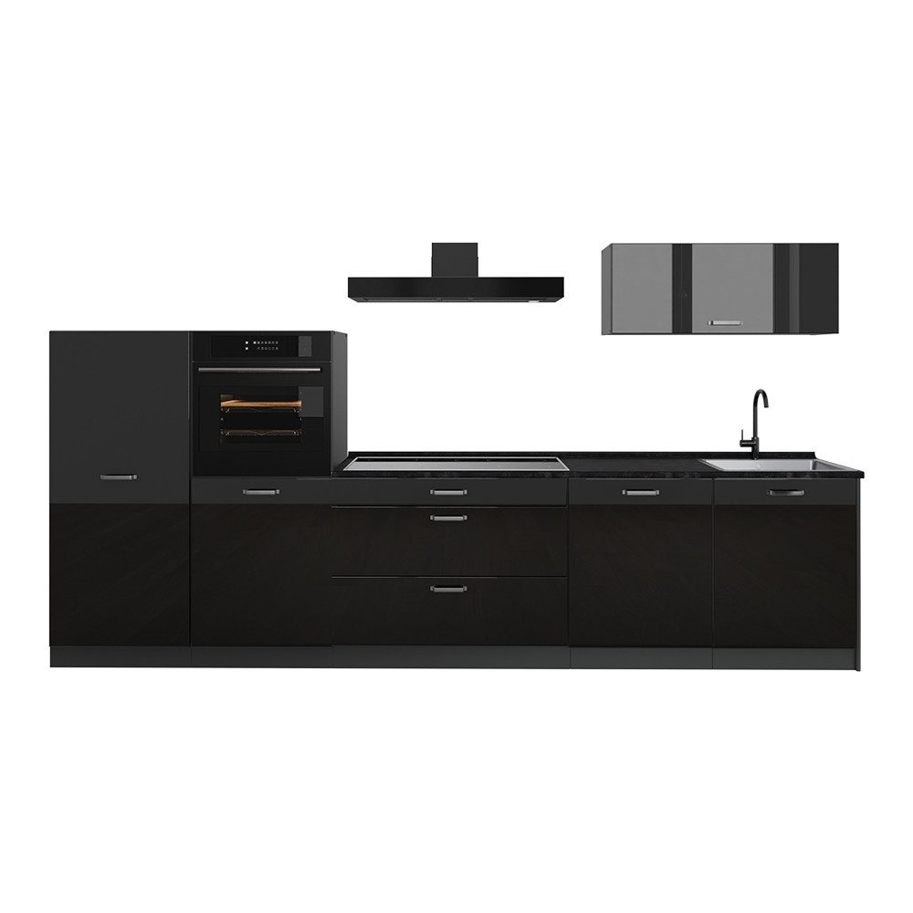 Vicco Küchenzeile R-Line, Schwarz Hochglanz/Anthrazit, 340 cm Arbeitsplatte Anthrazit