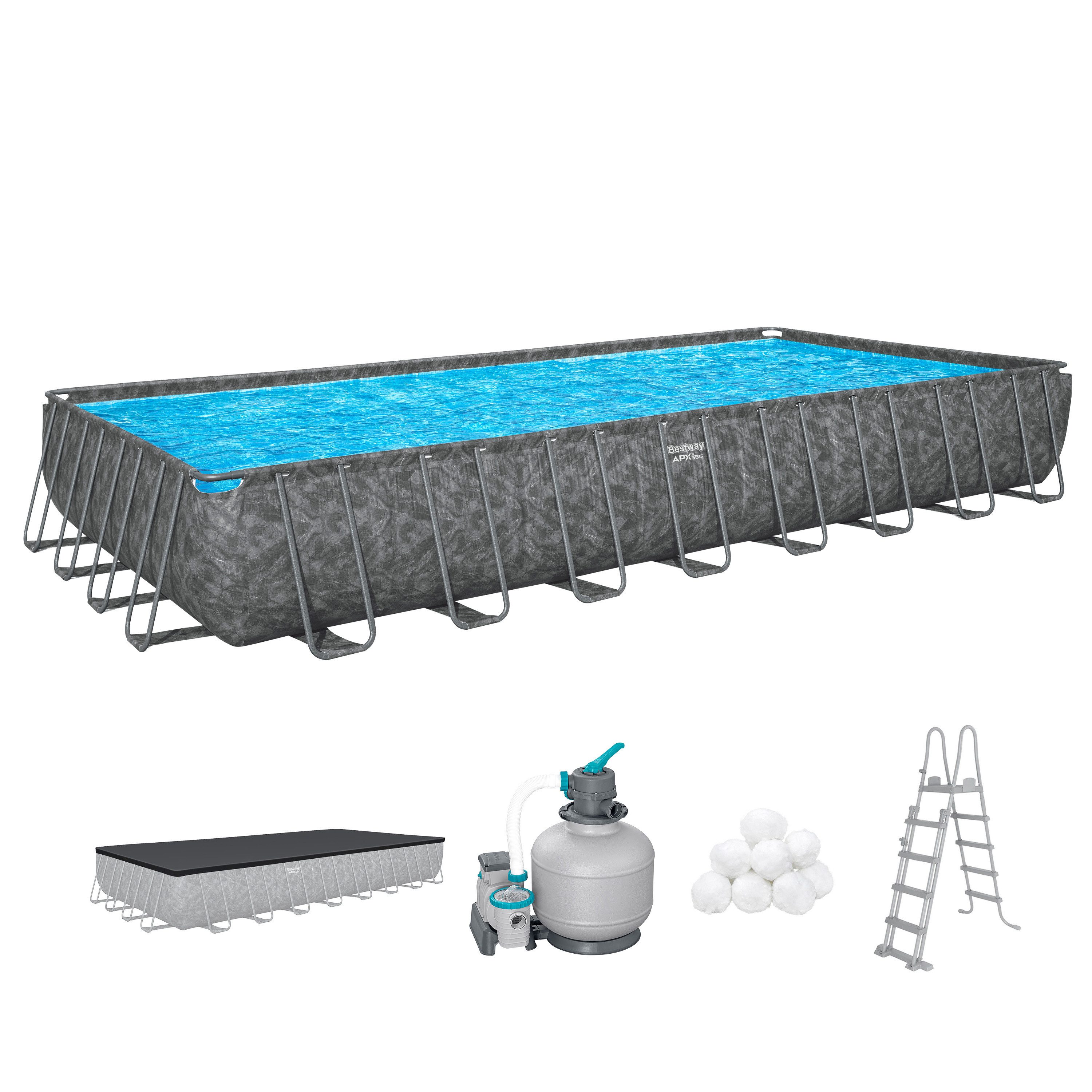 Bestway Framepool APX365™ Winterfest (Set, Inkl. Sandfilteranlage, Filterbälle, Sicherheitsleiter, Abdeckplane), 956 x 488 x 132 cm