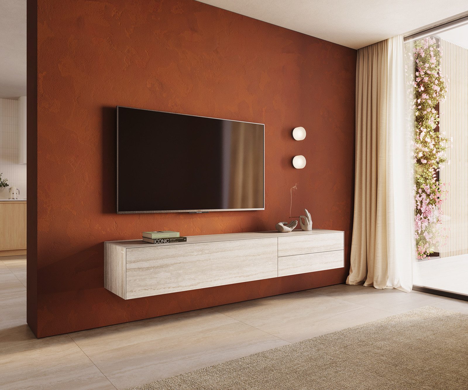 DELIFE Lowboard Cuor, Keramik Laminam® Travertino Bianco Creme-Weiß 220 cm 1 Klappe 2 Schubf