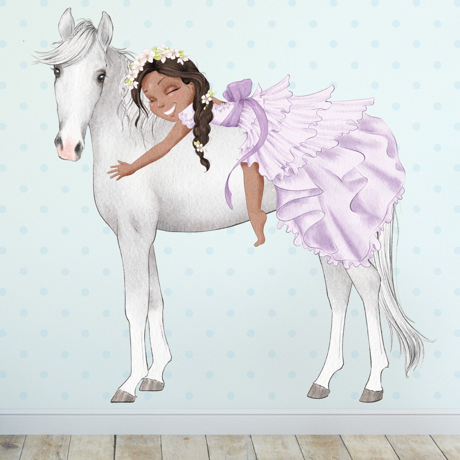 Sunnywall Wandtattoo Prinzessin Mädchen auf Pferd, Wandaufkleber Kinderzimmer, Pferde, selbstklebend, rückstandslos entfernbar