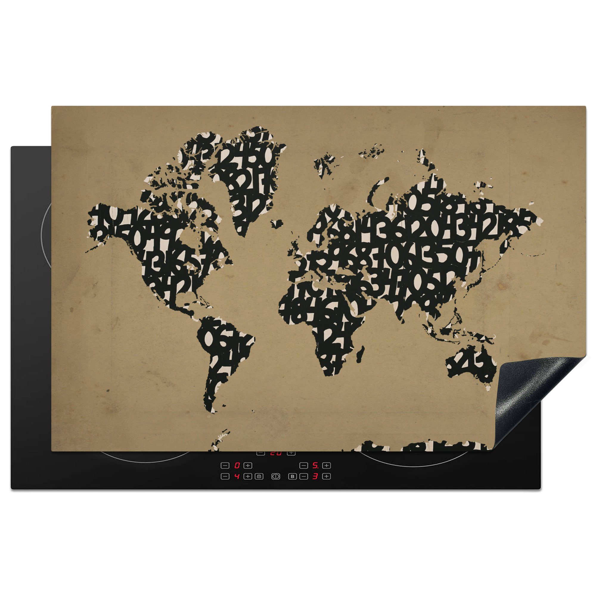 MuchoWow Herdblende-/Abdeckplatte Weltkarte - Zahlen - Braun, Vinyl, (1 tlg), 81x52 cm, Induktionskochfeld Schutz für die küche, Ceranfeldabdeckung