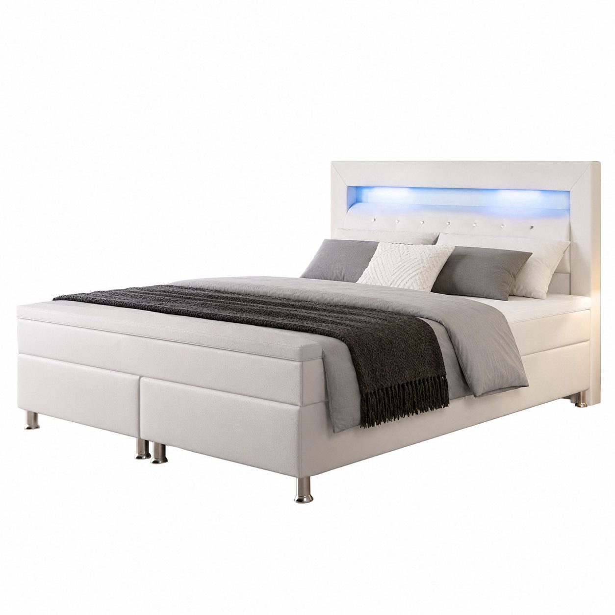 inter Boxspringbett Monaco Kunstleder mit 7 Zonen Taschenfederkernmatratzen und Topper (180x200 cm, Weiß mit 7 Zonen Taschenfederkernmatratzen und Topper), Taschenfederkern-Komfort, Kopfteil mit LED, inklusive Matratzen