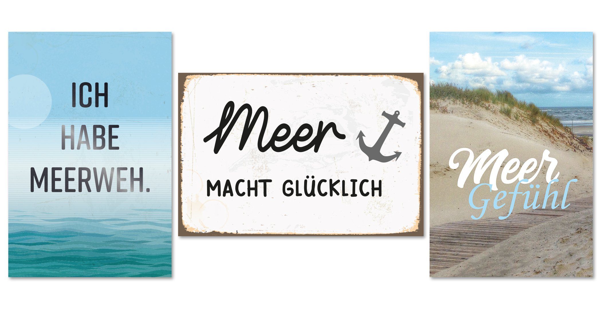 queence Metallschild Meer - Sprüche - 3er-Set - 3x 20x30x0,1cm, (3er-Set), mit Lochbohrung - Blechschild - Stahlschild