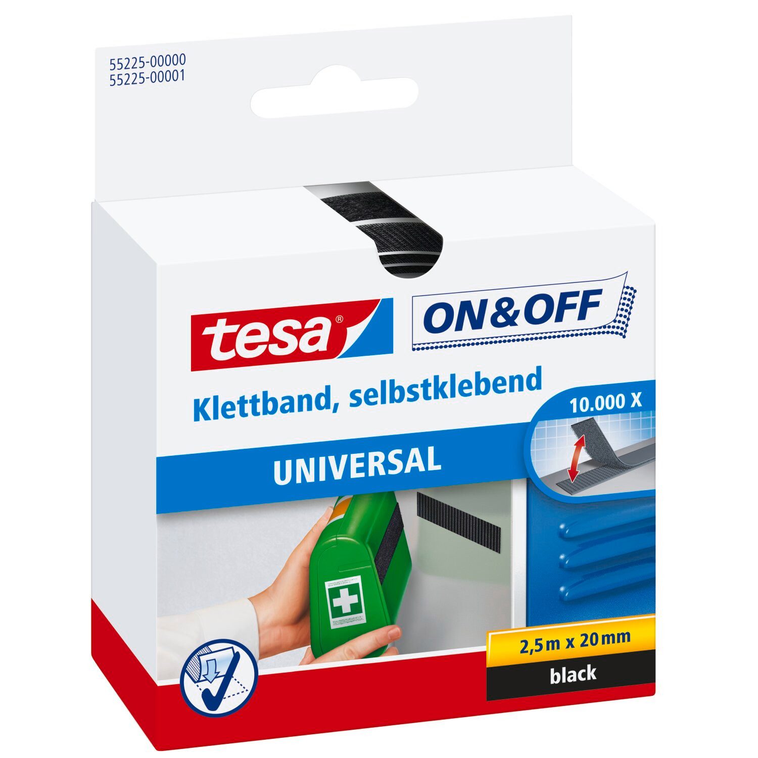 tesa Klett-Klebeband ON & OFF Extra Strong Klettband (Packung, 1-St) selbstklebendes Klettband - extra stark - schwarz - 2,5 m : 20 mm