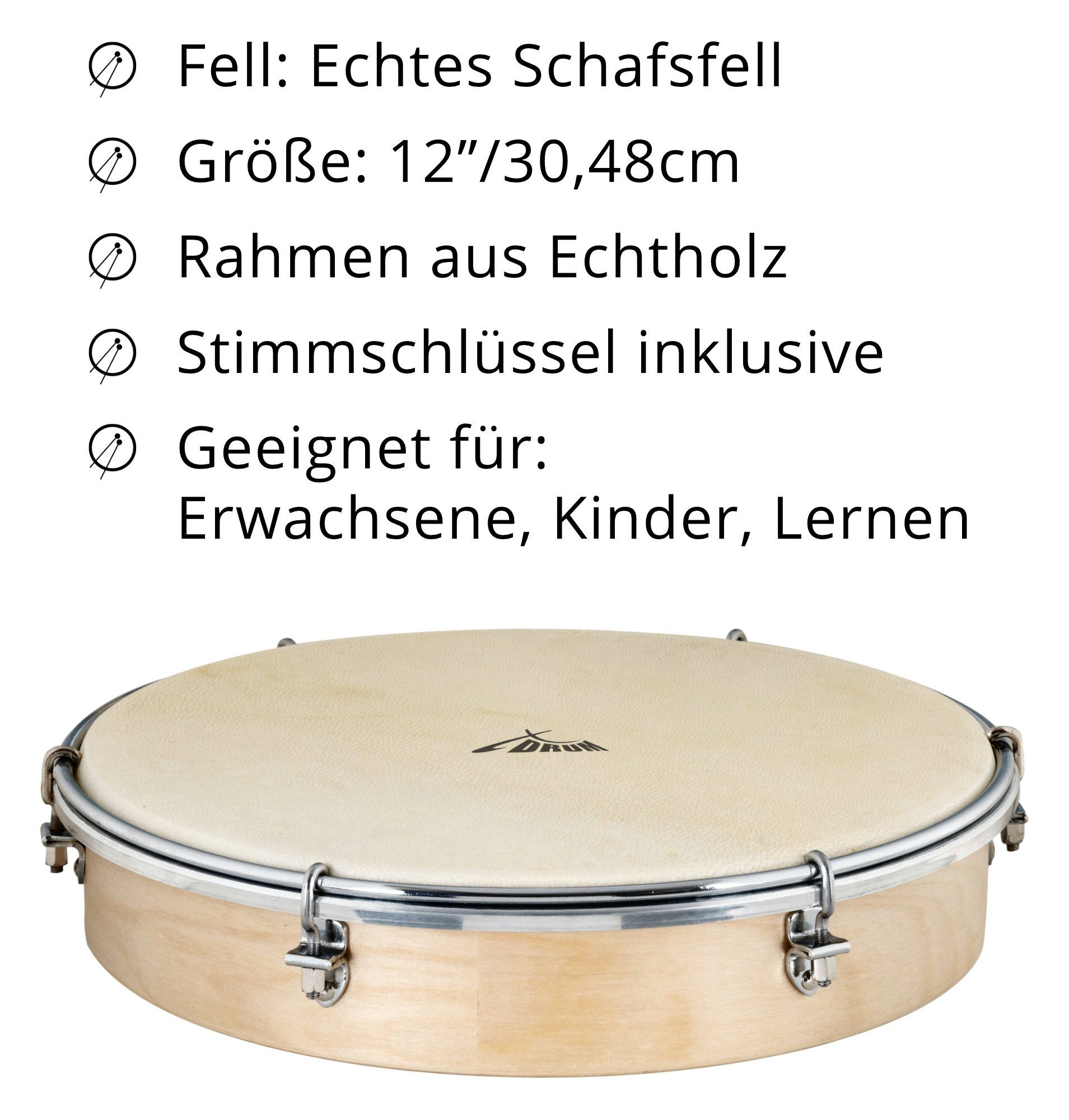 XDrum kleine Trommel HTM-12S 12" Handtrommel mit Natur-Fell, Rahmentrommel mit Naturfell