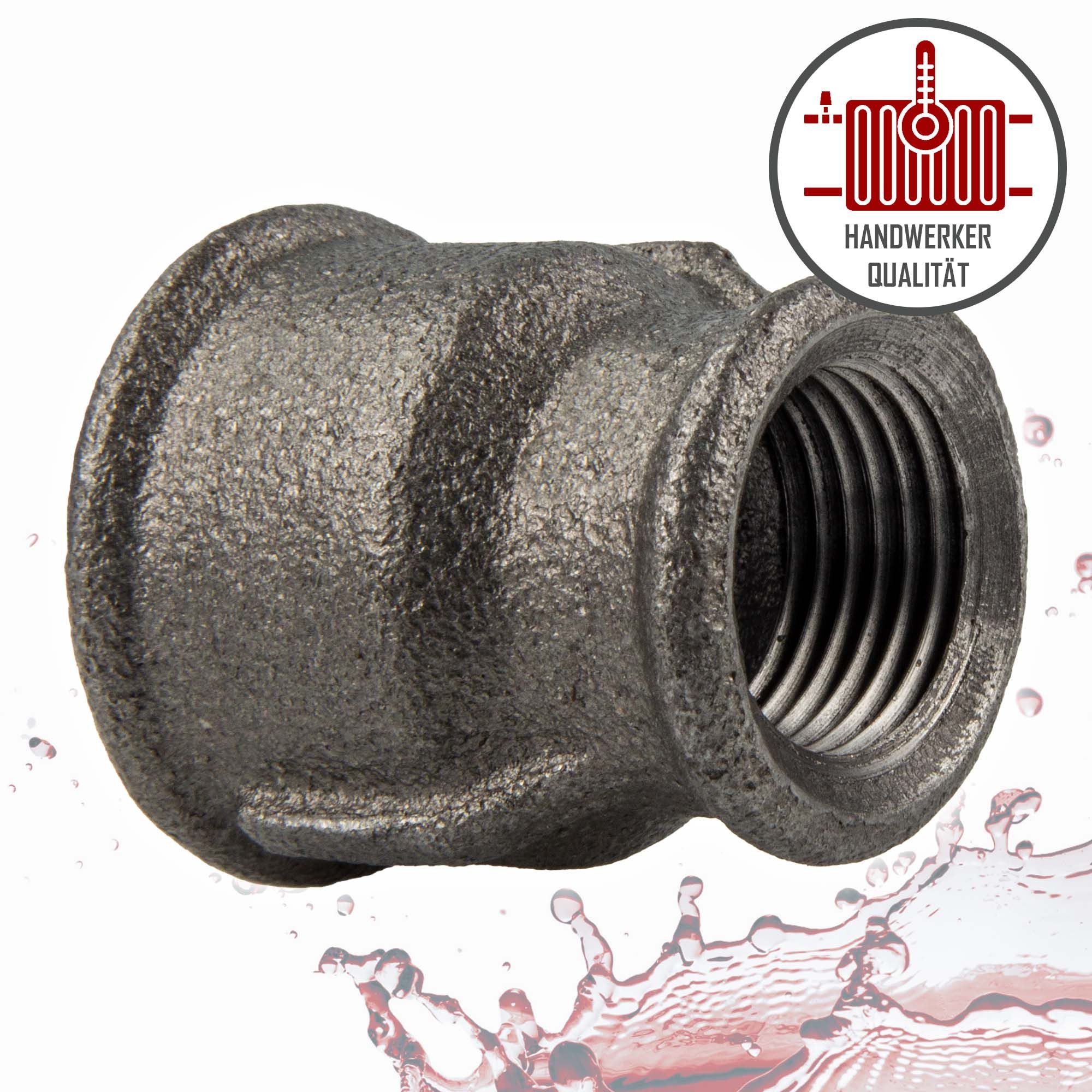GEBO Gewindefitting Temperguss-Gewindefitting schwarz Reduziermuffe, 3/4 x 1/2 Zoll
