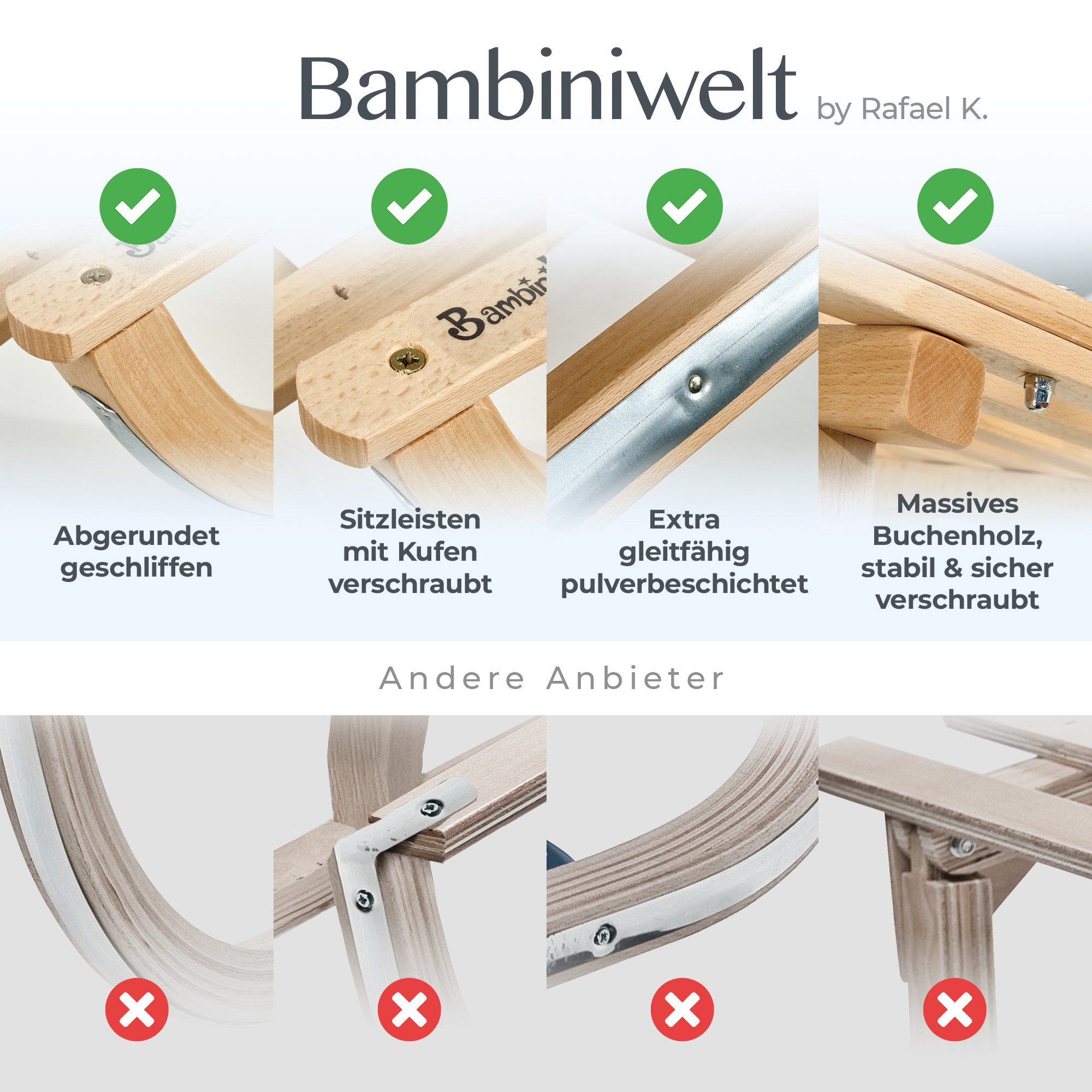 BambiniWelt by Rafael K. Schlitten CE-Holzschlitten mit Rückenlehne + Zugseil Rodel Kinder Schlitten 90cm