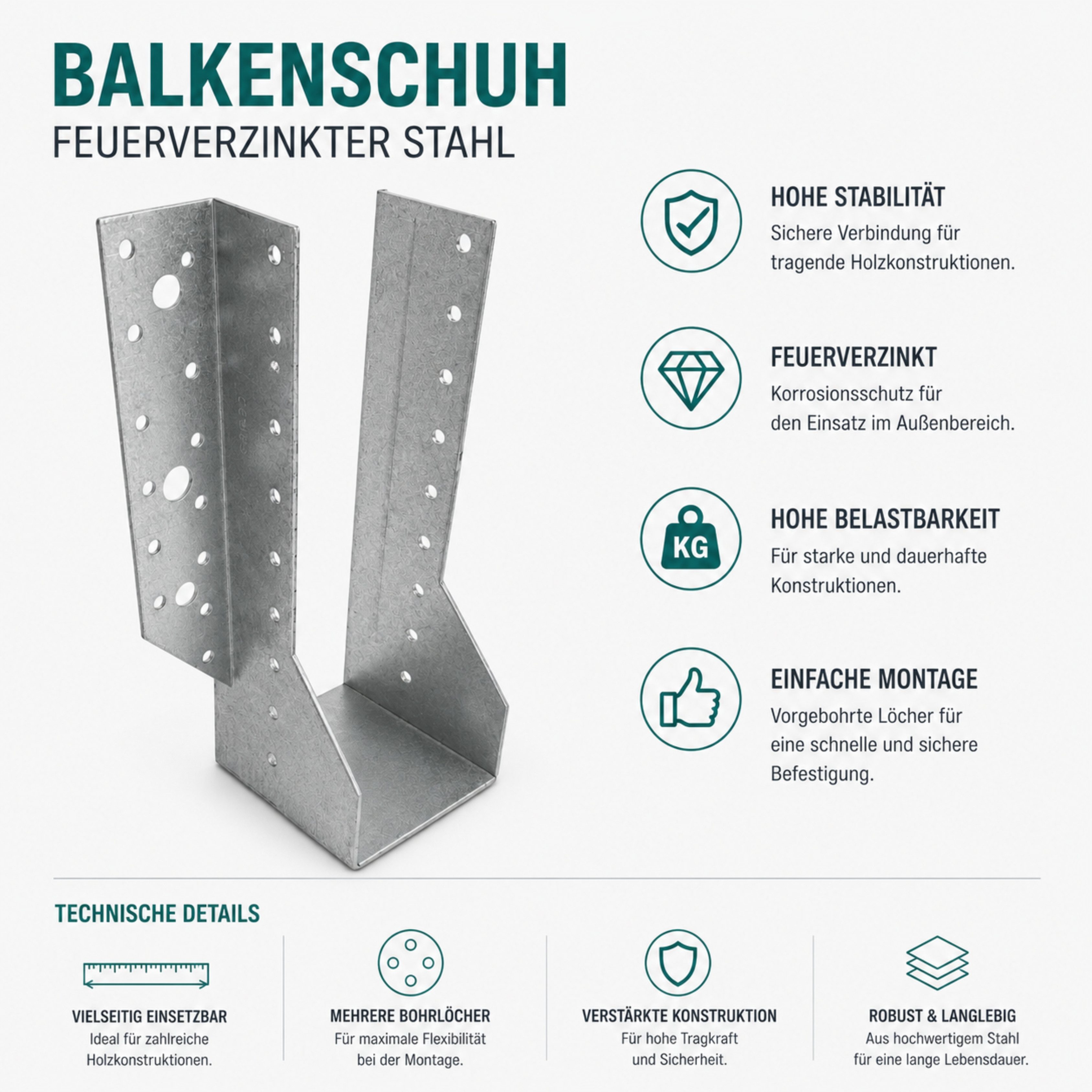 Torvon Balkenschuh 10 Stück Feuerverzinkt Balkenträger Holzverbinder für Carport, Pergola, LxB: 117.5x25 mm – Bild 3 von 5
