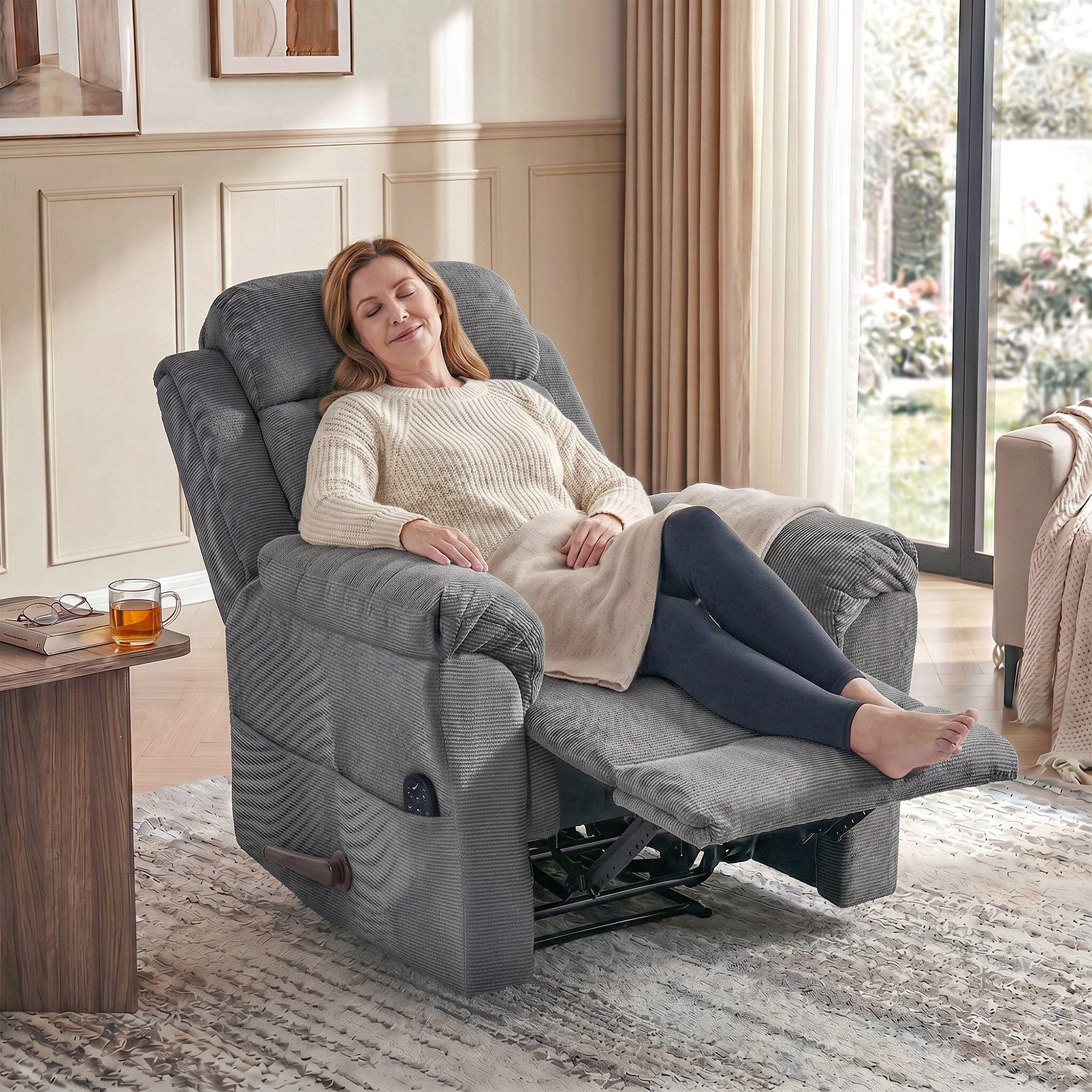 HOMCOM Massagesessel Relaxsessel Fernsehsessel mit Liegefunktion und Seitentasche (TV-Sessel, 1-St., Ruhesessel), mit Chenille-Optik, Grau