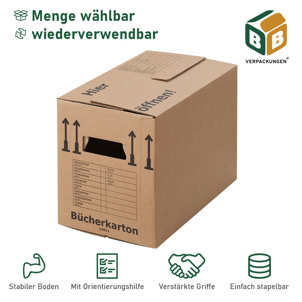 BB-Verpackungen Umzugskarton Bücherkarton Compact, 2-wellig, 40kg Traglast, 400 mm x 318 mm x 328 mm