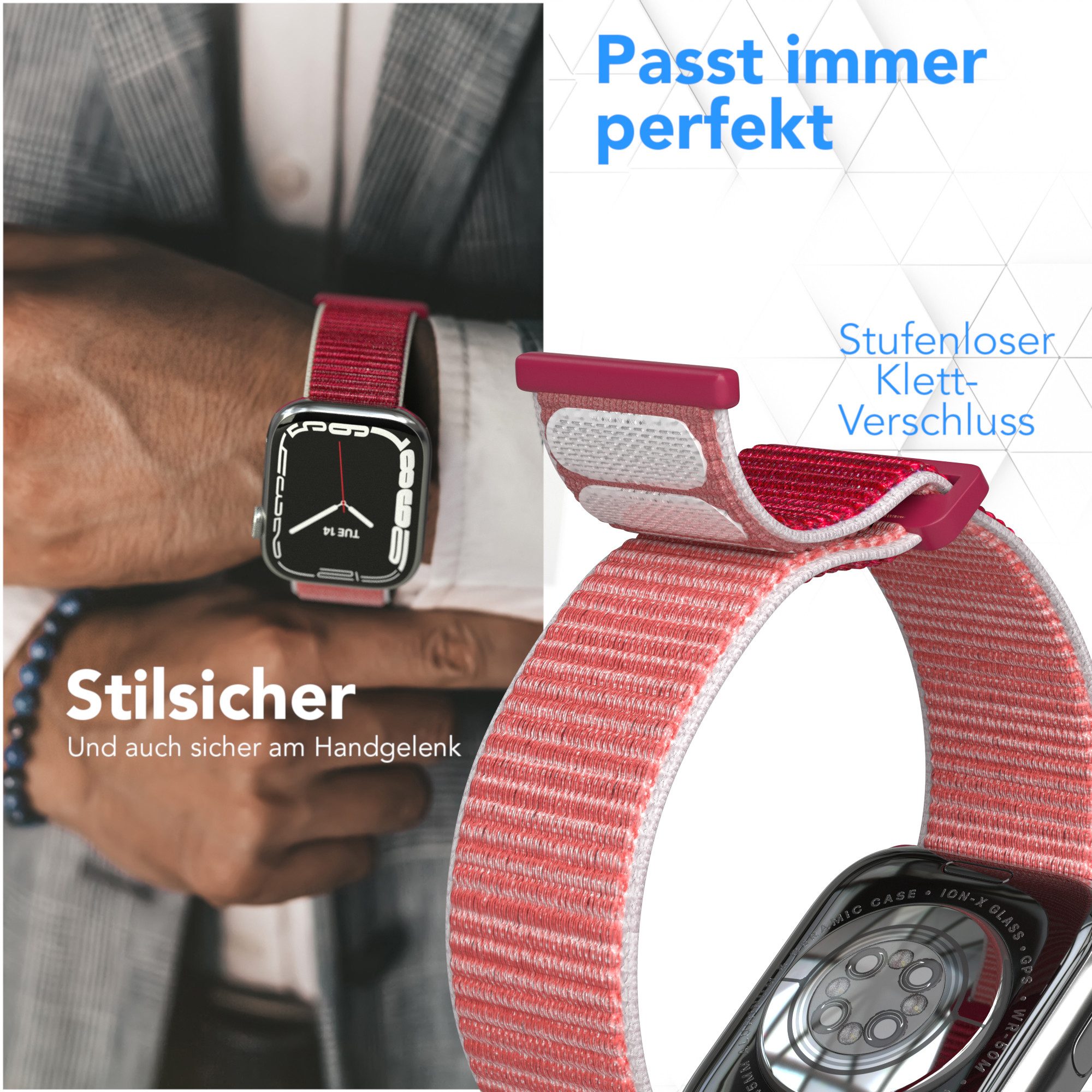 EAZY CASE Uhrenarmband Nylon Band für iWatch 11 10 9 8 7 6 5 4 3 2 SE Ultra, verstellbares Nylon Band 44-49mm Sportloop flexibel weich Rot Pink