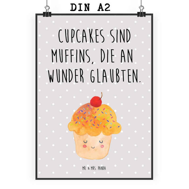 Mr. & Mrs. Panda Poster DIN A2 Cupcake - Grau Pastell - Geschenk, Handgemaltes Poster, Tiere, Cupcake (1 St), Einzigartige Motive