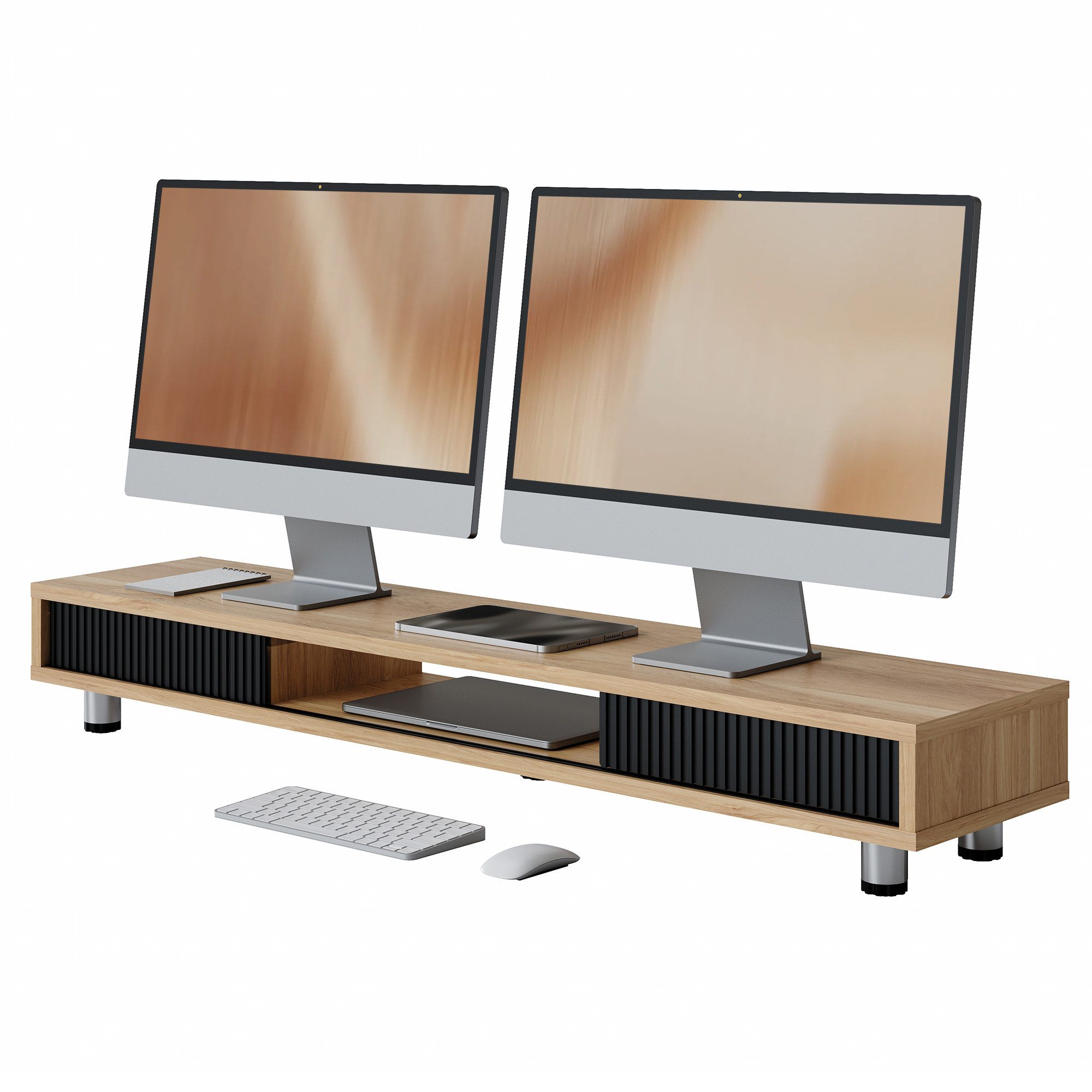 Fenge Monitorständer 108 cm breite Bildschirmerhöhung mit 2 Glas-Schiebetüren, (für 2 Monitore, höhenverstellbare Eisenbeine mit rutschfesten Fußmatten)