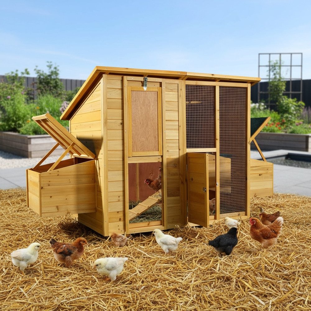 Feel2Home Hühnerstall Geflügelstall Freilaufgehege Hühnervoliere Hasenkäfig Kleintierhaus, abnehmbares Dach, von außen zugängliche Eiablagen