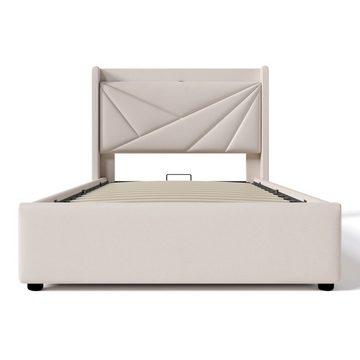 Ulife Polsterbett Doppelbett Stauraumbett mit USB /Typ C, Ladefunktion, Leinen, 90 × 200 cm