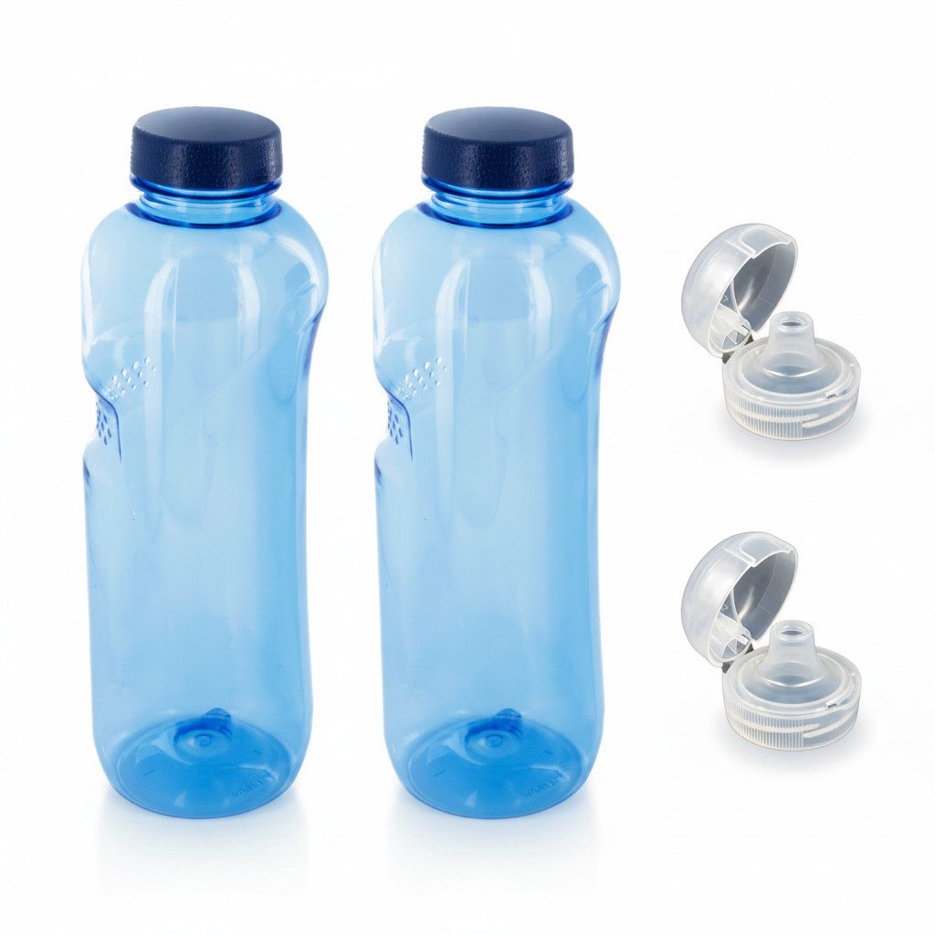 Greiner Trinkflasche, 2 x 1 L aus Tritan mit 2 x Trinkdeckel Flip Top Sportdeckel