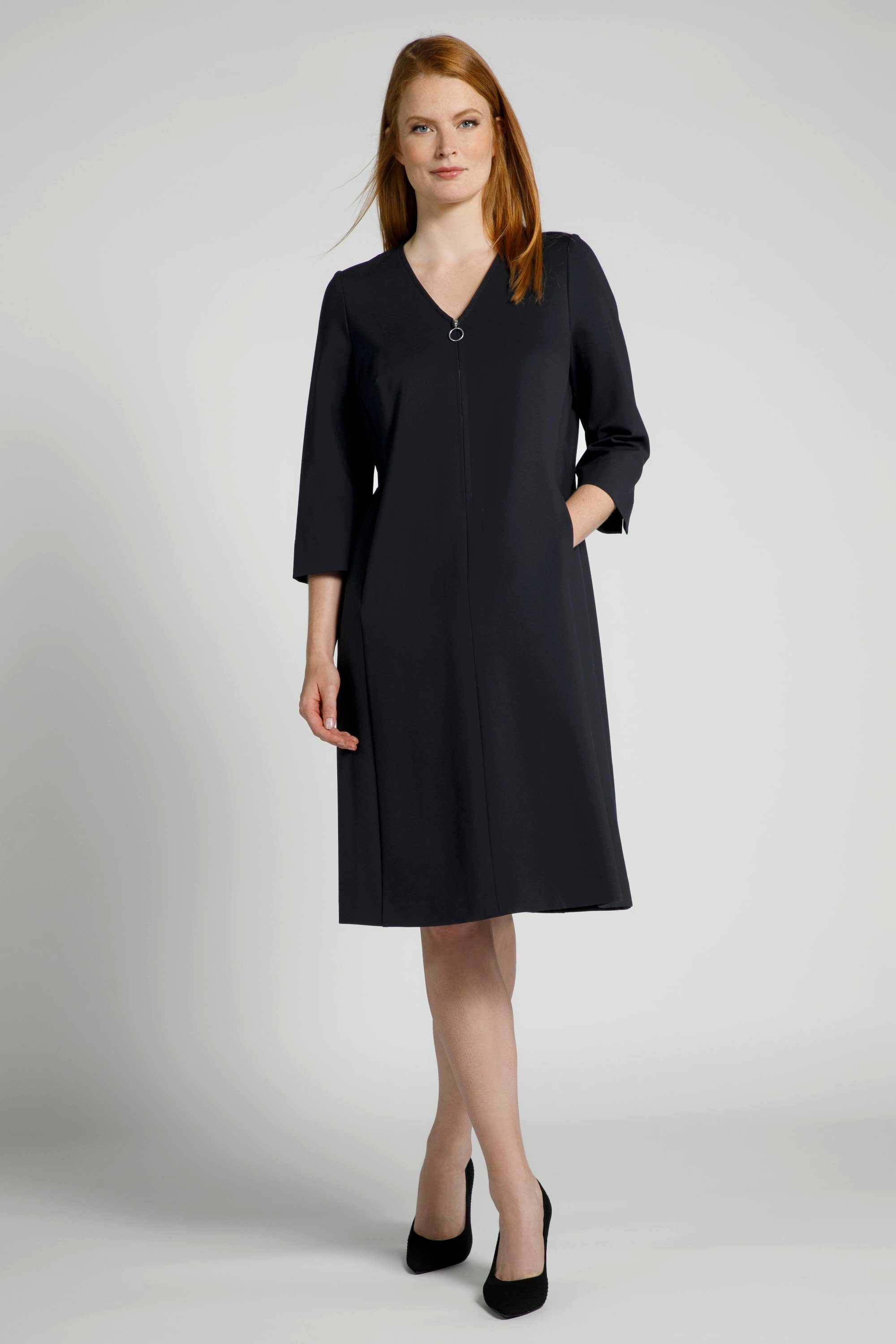 Ulla Popken Jerseykleid Kleid Reißverschluss A-Linie V-Ausschnitt 3/4-Arm,  V-Ausschnitt mit Reißverschluss