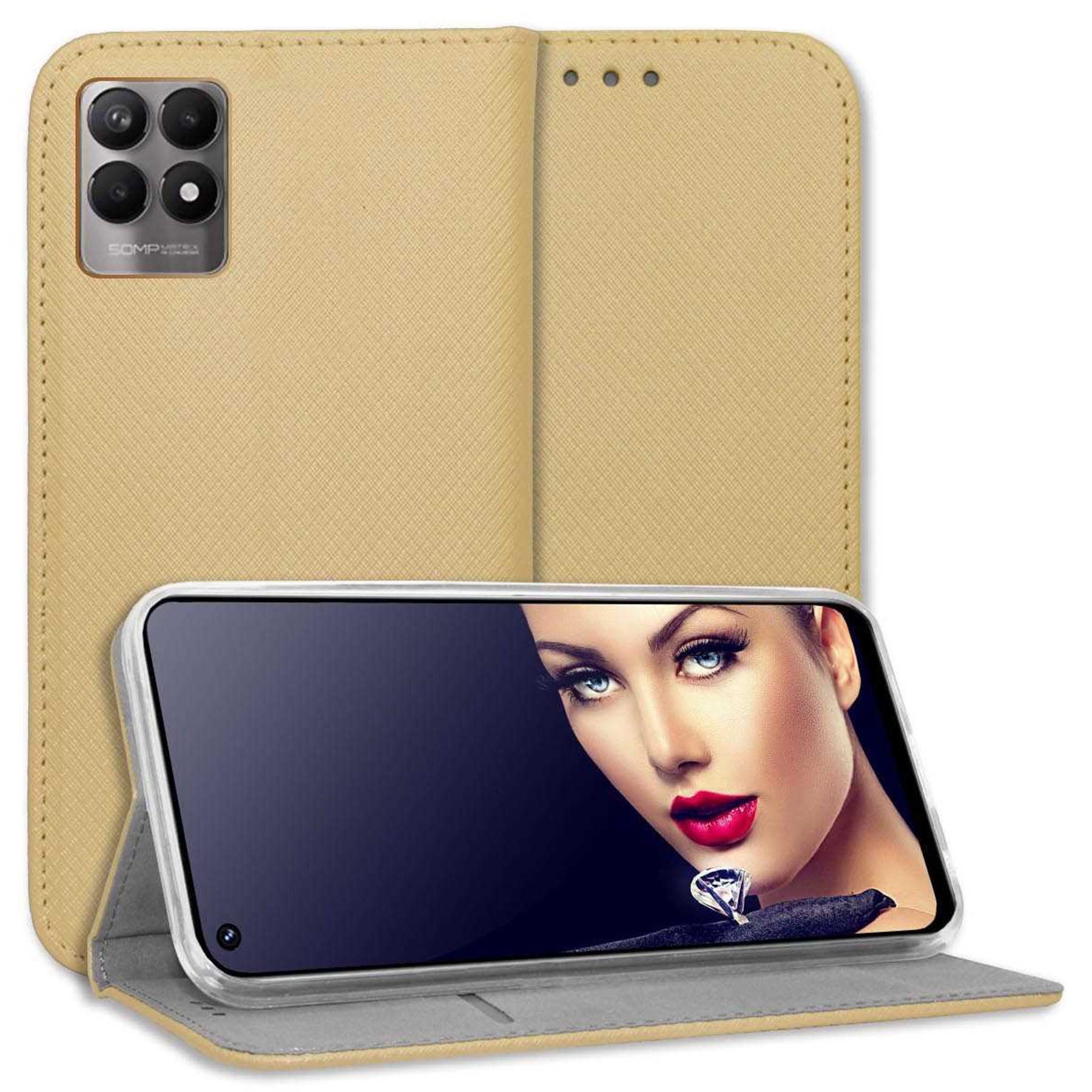 mtb more energy Smartphone-Hülle Smart Magnet für Realme 8i, Gold, Bookstyle Klapphülle Cover Wallet Case aus Kunstleder