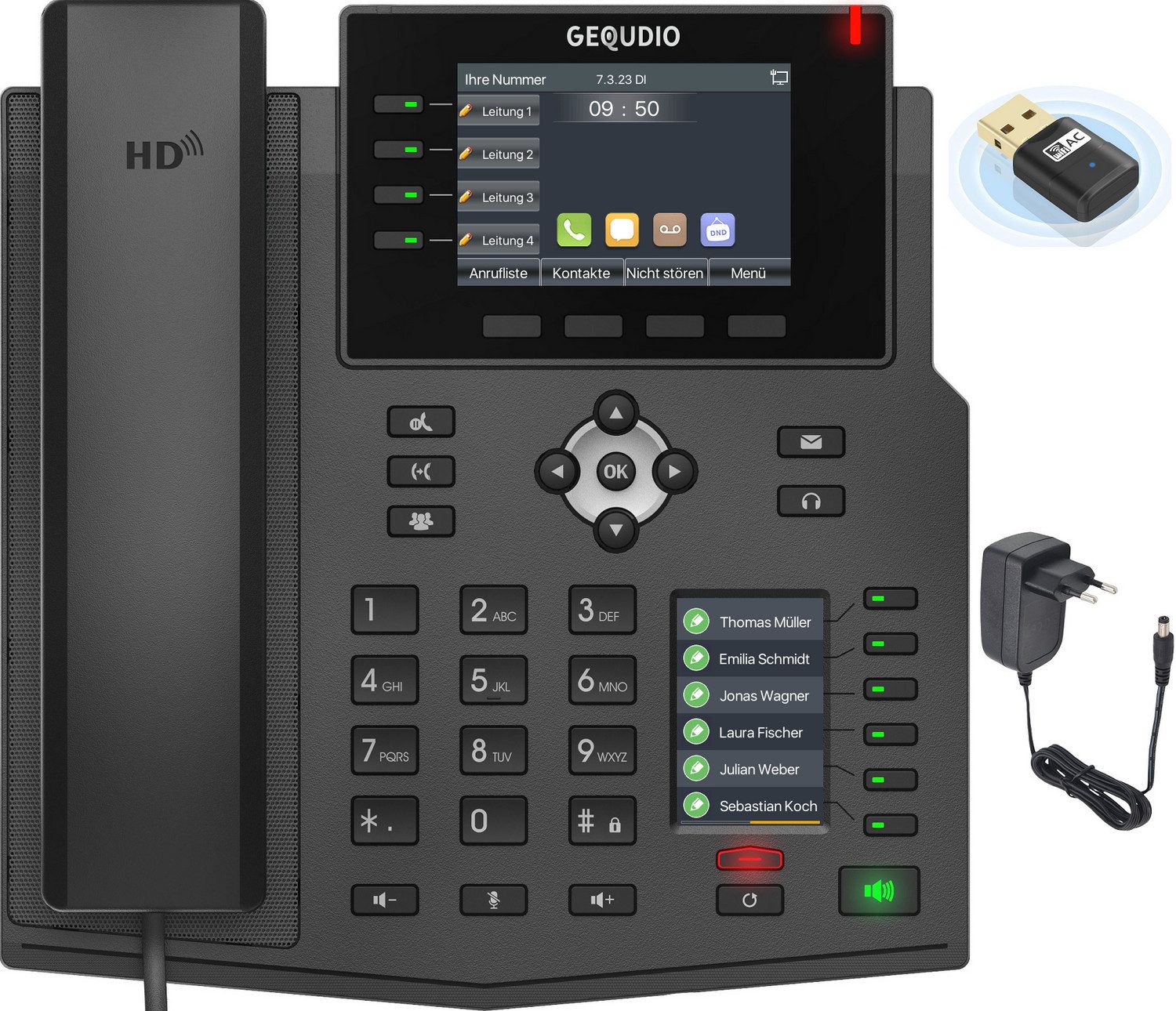 GEQUDIO Kabelgebundenes Telefon (IP Tischtelefon mit Netzteil & WLAN Stick / 2x Farb-Display / HD Audio)