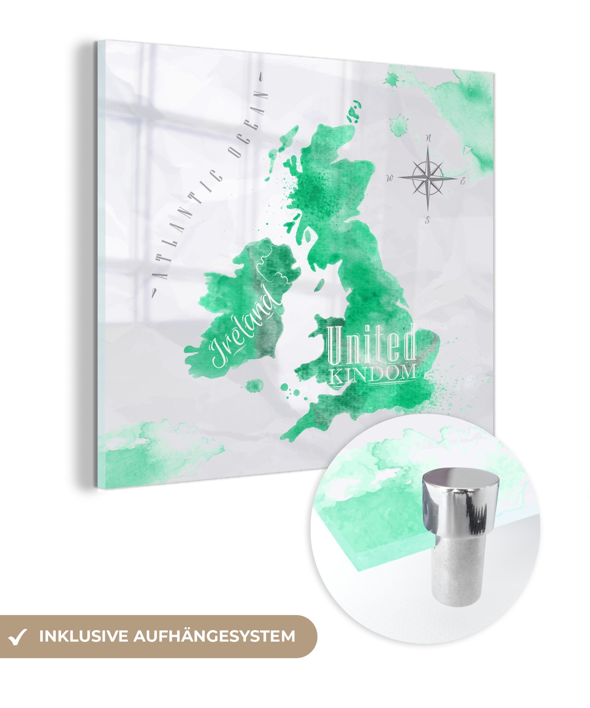 - Acrylglasbild Glas - MuchoWow Weltkarte Bilder Aquarell, England (1 auf Foto St), Glas Glasbilder Wanddekoration - Wandbild - - auf