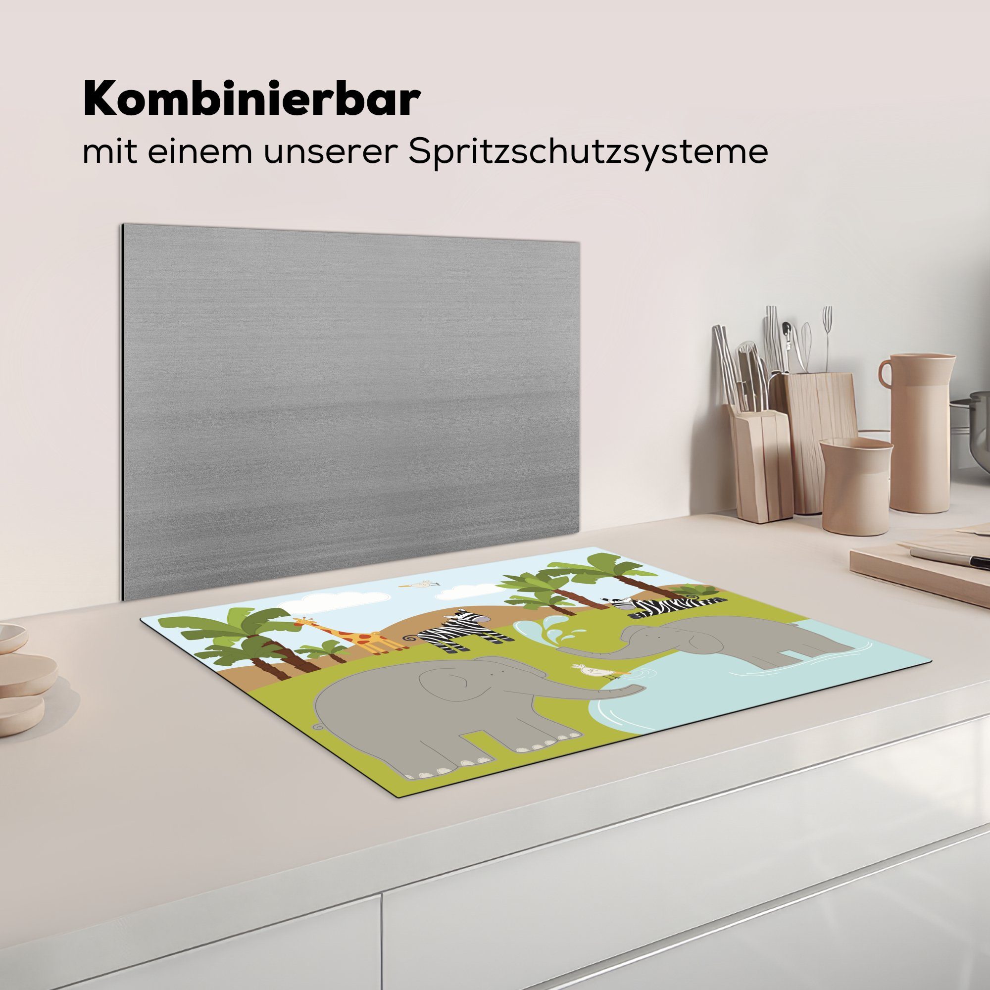 Induktionskochfeld - Jungen Baby Mädchen tlg), - die - Schutz Vinyl, (1 cm, 71x52 Herdblende-/Abdeckplatte Dschungel Kinder, MuchoWow - küche, Ceranfeldabdeckung für - Minimalismus Tiere -