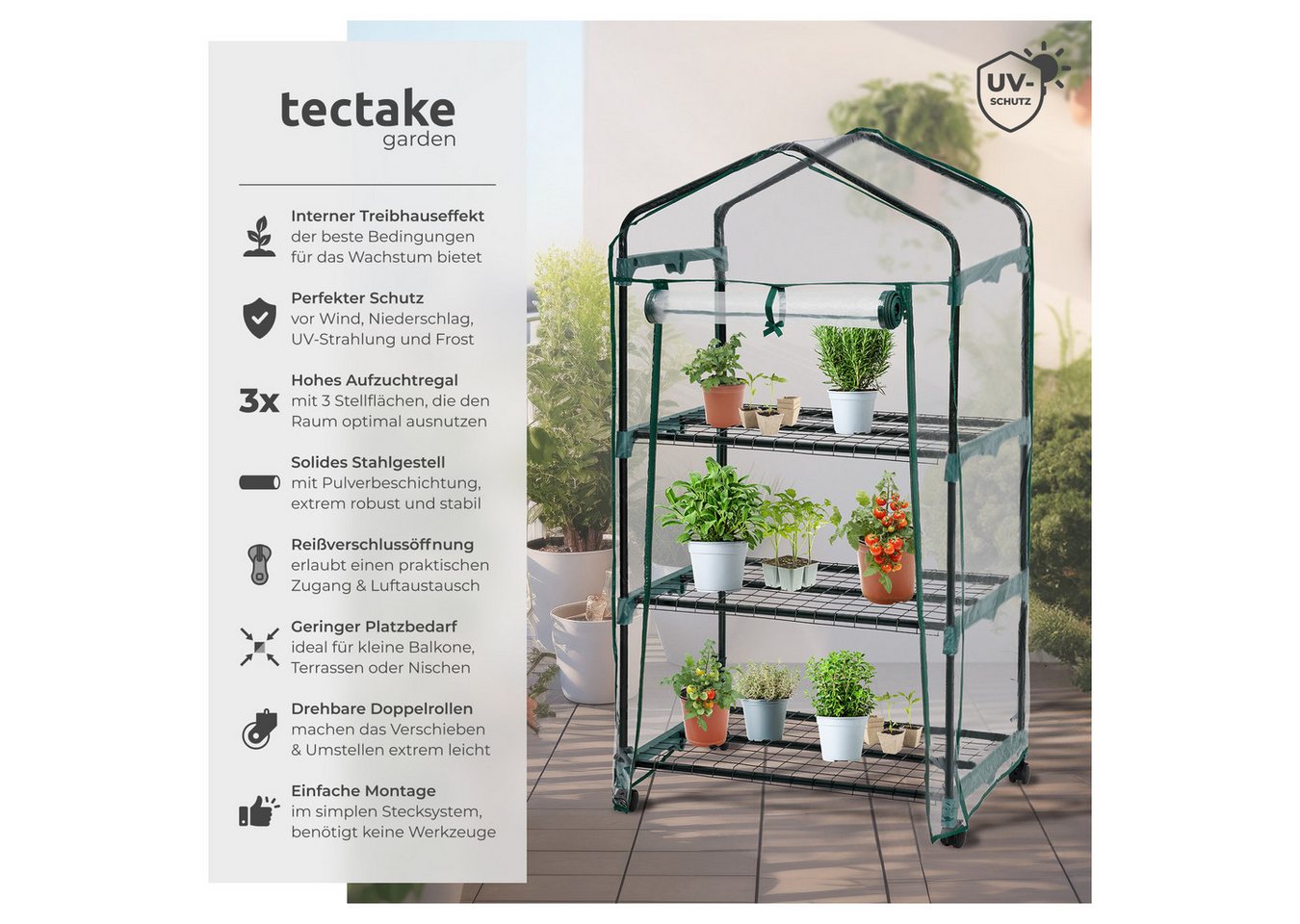 Thumbnail - tectake Gewächshaus Mobiles Foliengewächshaus mit 3 Ablagen 69x49x133cm, 0,40 mm Wandstärke, Set, 69 x 49 x 133 cm, 0,36...