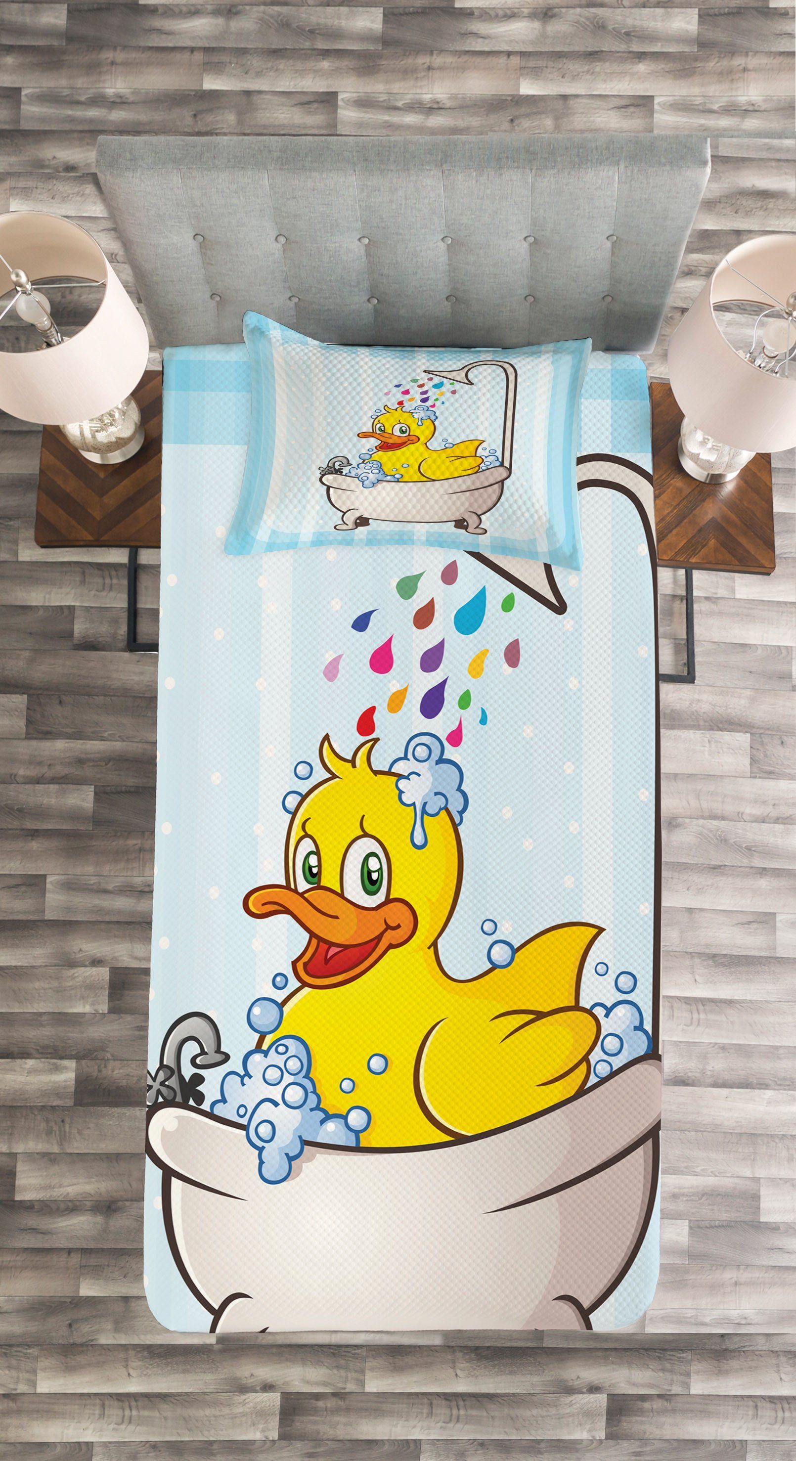 Karikatur-Maskottchen der Abakuhaus, Set Kissenbezügen Badewanne mit Ente Tagesdecke Waschbar, in