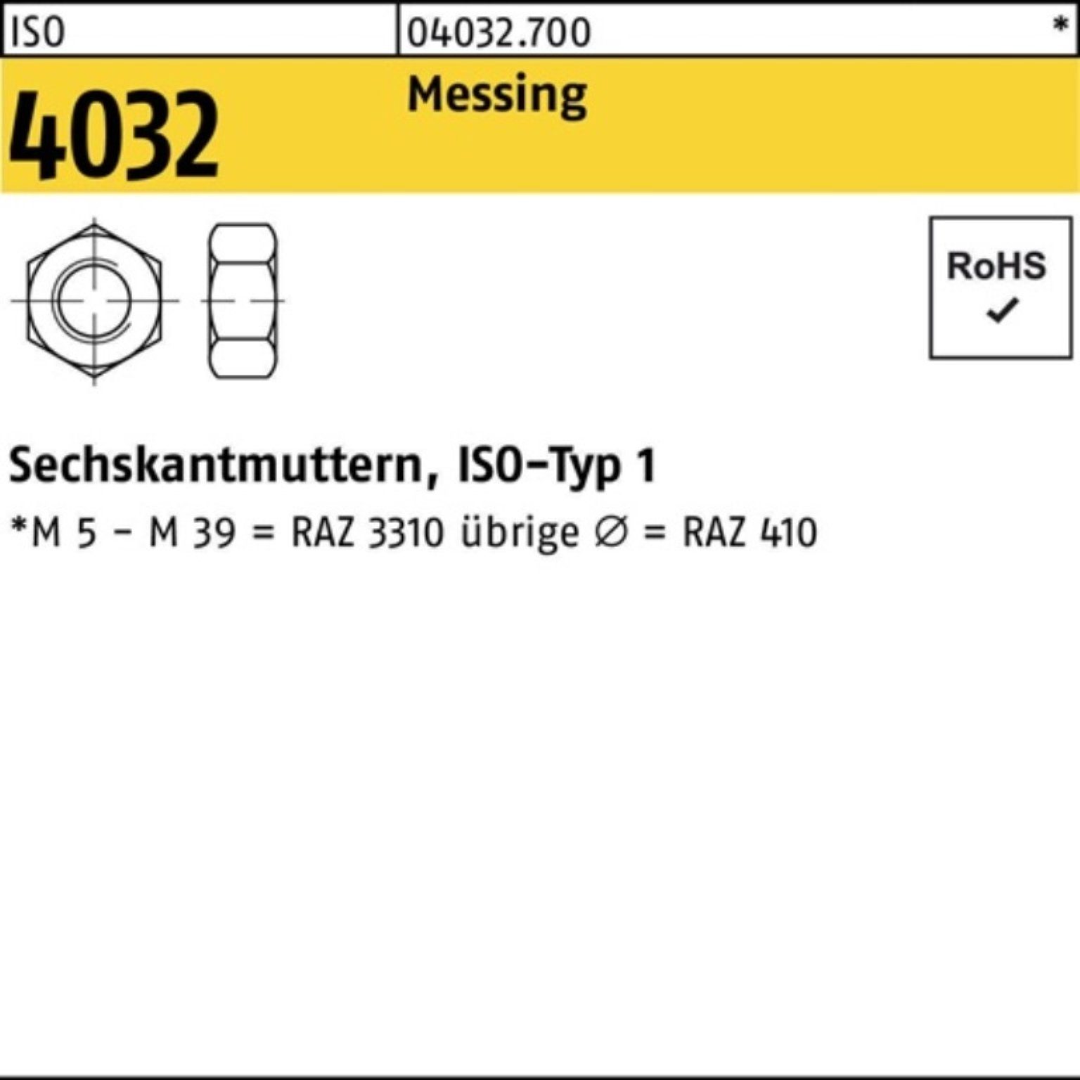 Bufab Muttern 100er 4032 M36 5 ISO Stück Pack Mess Messing 4032 Sechskantmutter ISO
