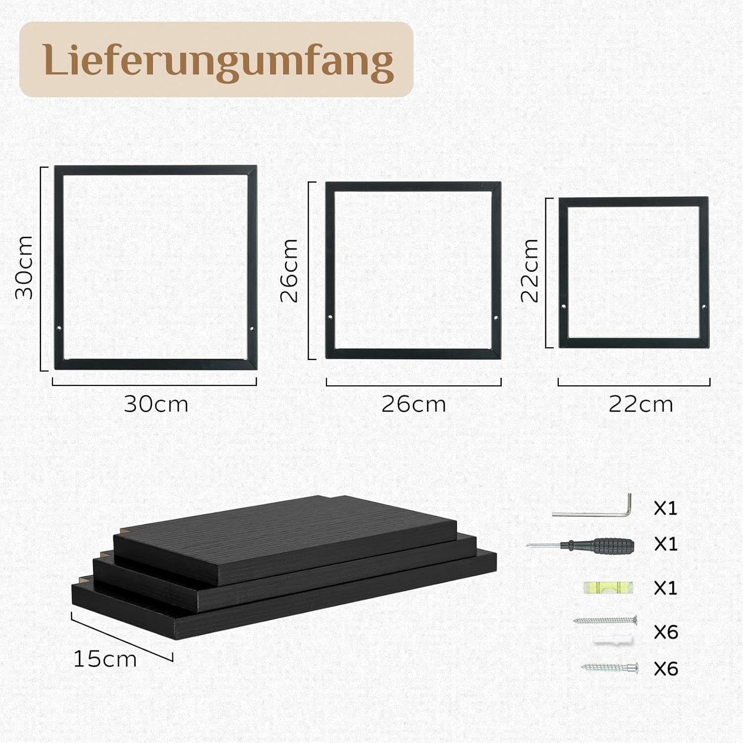 Holz Lichter Wandregal 3‑tlg. Floating Wandregal – Holz & Metall, modern geom. Design, 3-tlg., Schweberegal aus Holz+Metall – platzsparend, vielseitig, langlebig