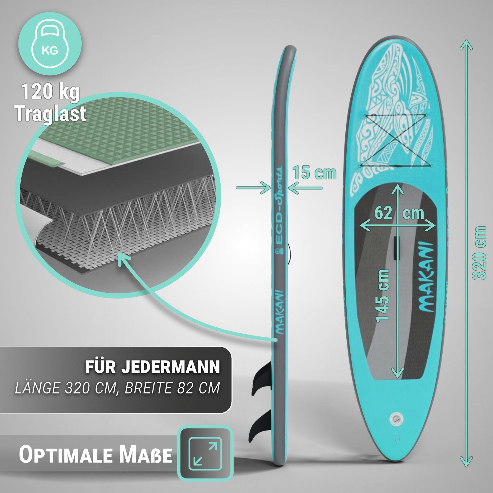 HAGO Inflatable SUP-Board Stand Up Paddle Board Allround SUP Komplettset 320 cm Drop-Stitch-Kern