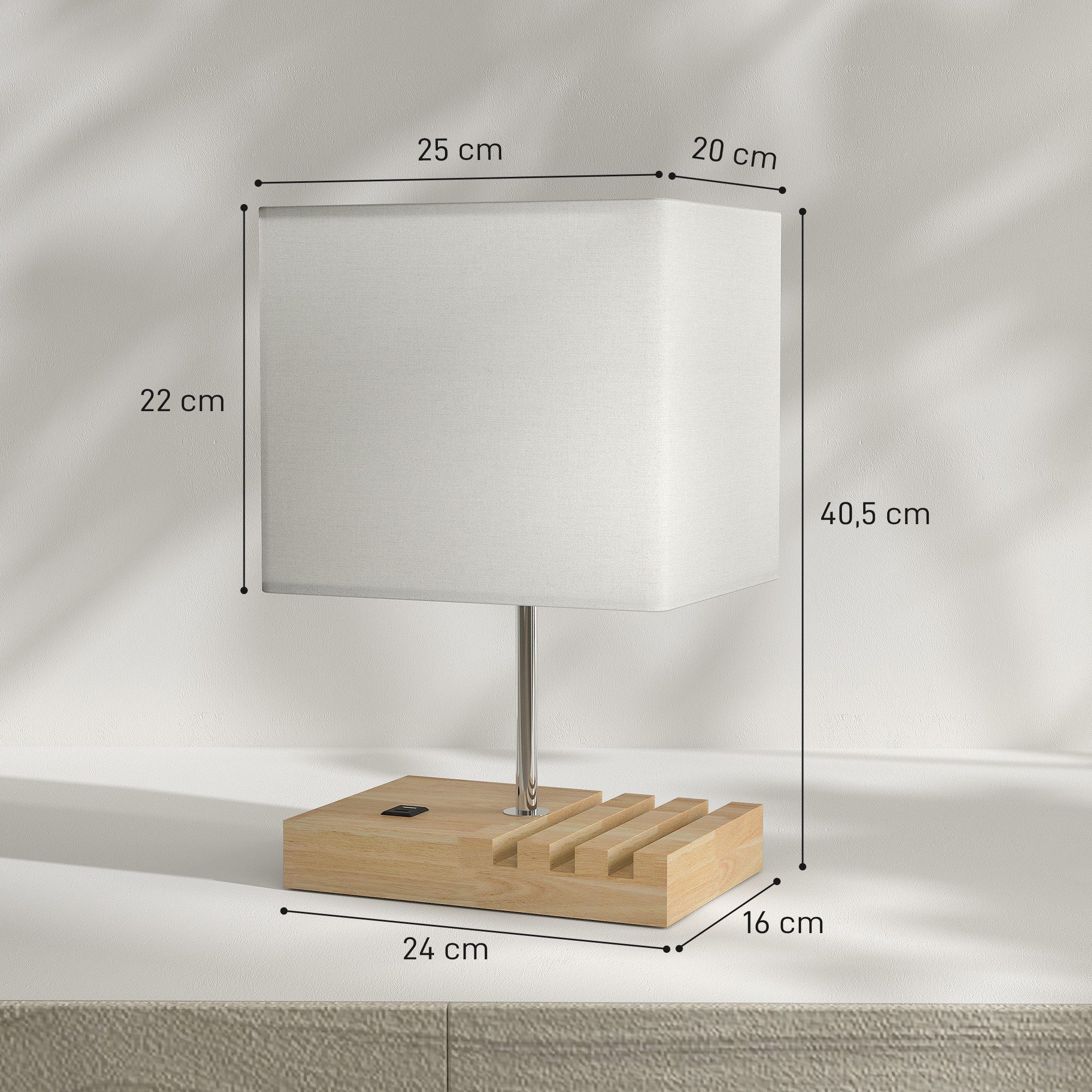 HOMCOM Tischleuchte mit USB-Anschlüsse, Wippschalter, Ein-,Ausschalter, ohne Leuchtmittel, für Schlafzimmer Wohnzimmer, Weiß