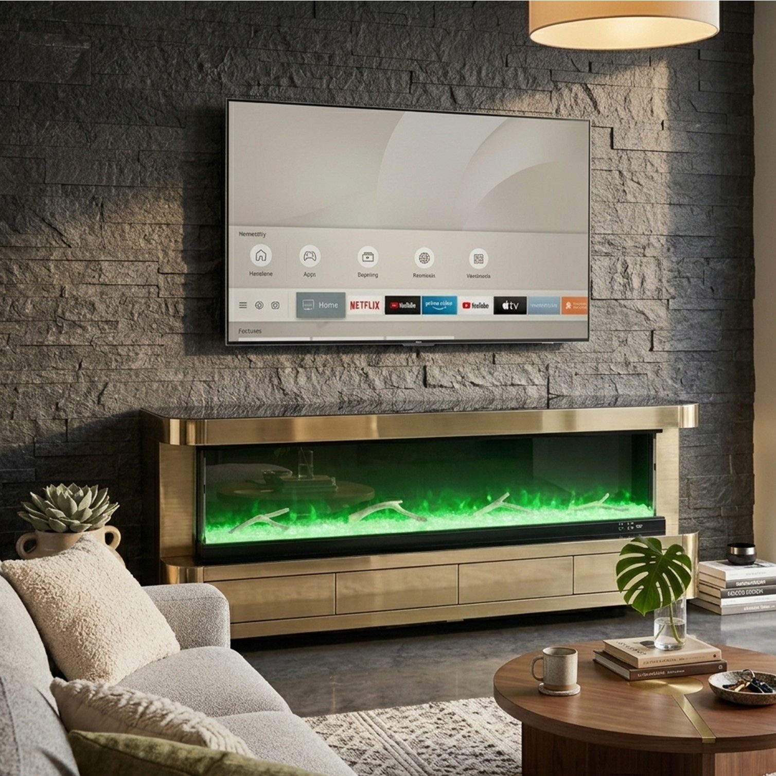 HOOZ TV-Schrank TV Lowboard mit Kamin – modernes Design Gold halbrund 200cm (Einzelprodukt, 1-St., TV Möbel Einzelmöbel) 3D-Flammenoptik, Push-Open Schubladen, hochglänzende Glasoberfläche