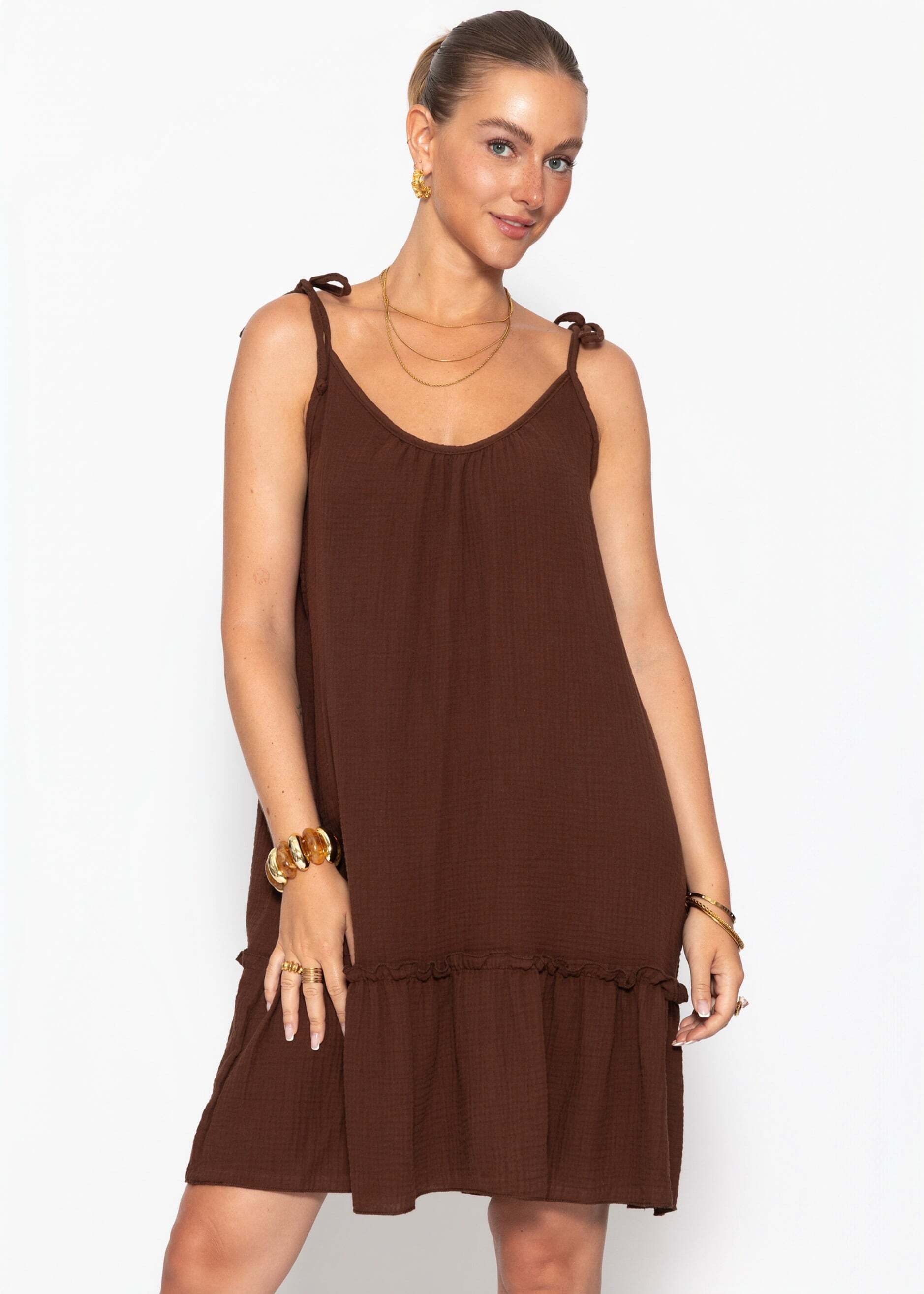 SASSYCLASSY Minikleid Kurzes Musselin Strandkleid für Damen Locker fallendes Minikleid mit verstellbaren Trägern und Volant