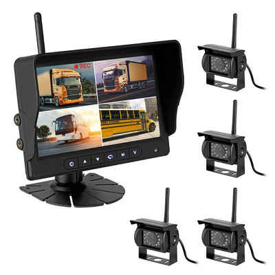 CARMATRIX BDW-710C+4 Rückfahrkamera (HD Funk Rückfahrsystem 7" Monitor 4 Kanal Quad Rückfahrkamera Set LKW, Aufnahmefunktion, SD Karte, Mikrofon, Audio, Distanzlabel, IPS Monitor)