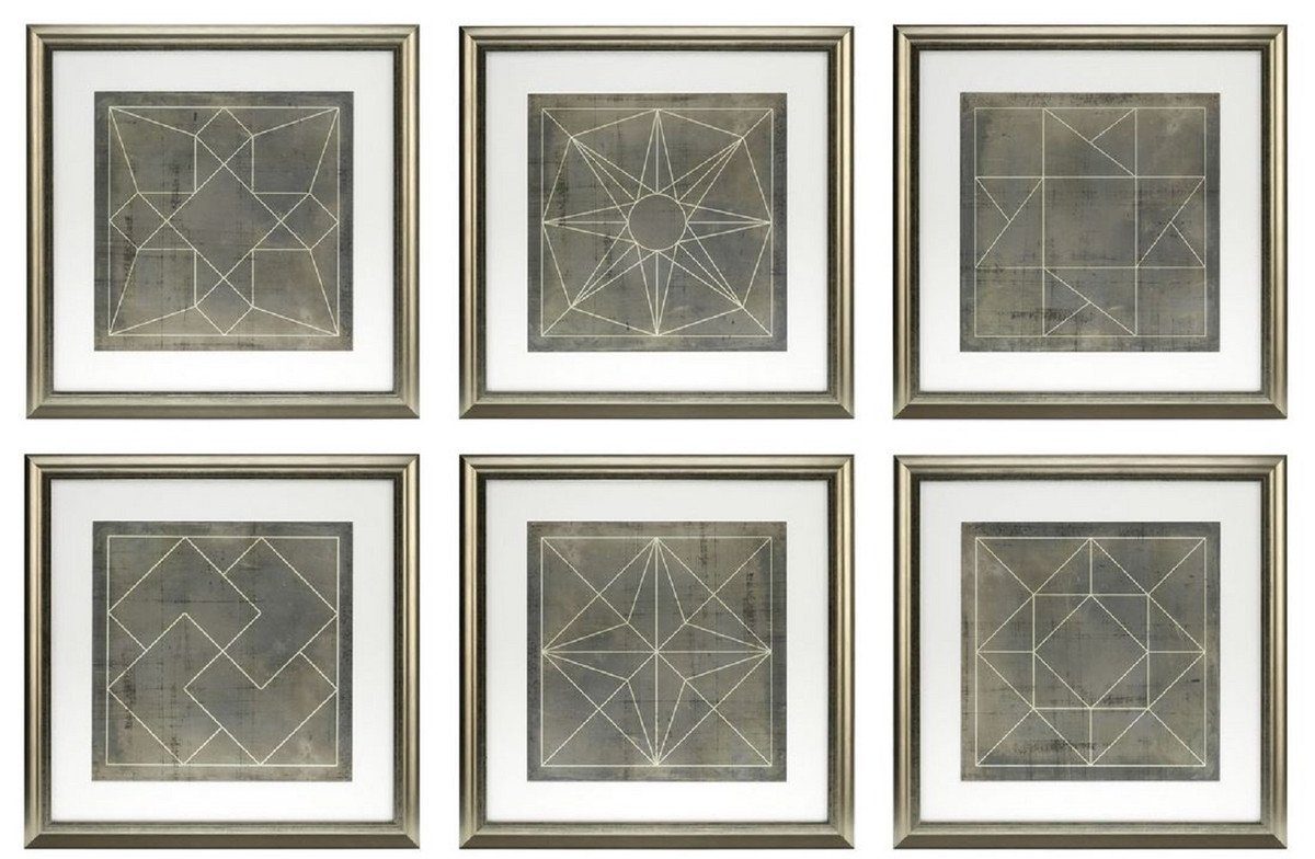 Casa Padrino Bilderrahmen Blaupausen Set geometrische Formen Grau / Gold 57 x H. 57 cm - Luxus Bilder mit Holzrahmen - Wanddeko