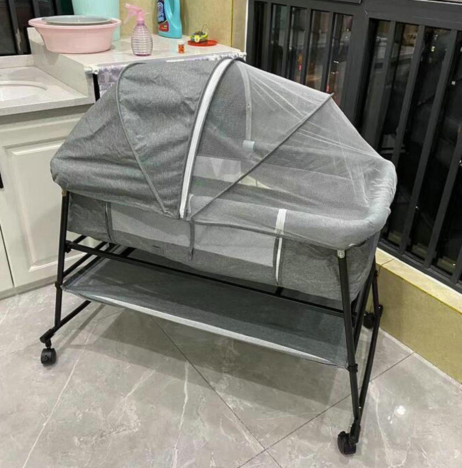 TPFFamily Beistellbett rollbares Babybett Babywiege Liegefläche verstellbar, rollbares Babybett Reisebett mit Aufbewahrungstasche und Mückenschutz