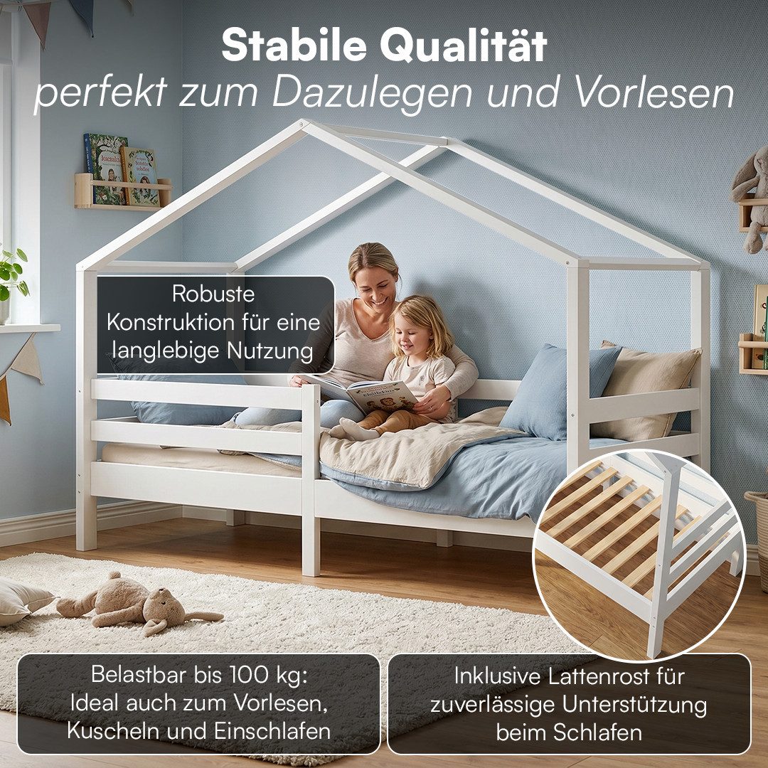 Bellabino Hausbett Abia Kinderbett mit Lattenrost und Rausfallschutz (weiß, optional mit Matratze), Kinderbett 90x200 cm, verfügbar in verschiedenen Ausführunge – Bild 2 von 5