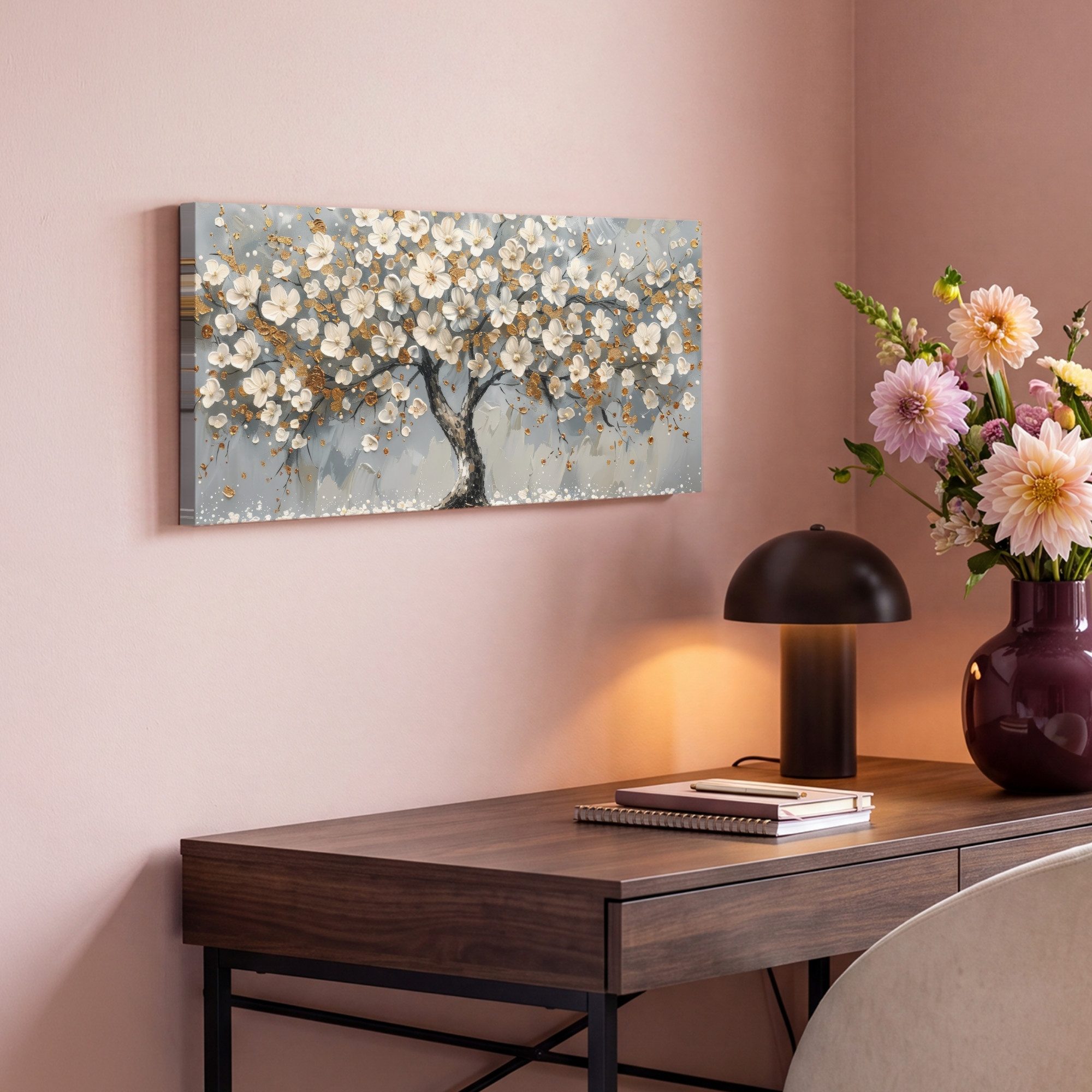 OneMillionCanvasses® Leinwandbild Panorama Baum - Gold - Blumen - Abstrakt - Kunst, Fotodruck (1 St), Wandbild, Deko Schlafzimmer Wohnzimmer Flur 40x20 cm – Bild 4 von 5