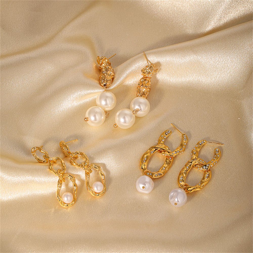Ohrringe Premium lange Ohrringe Set, Ohrring-Set Stück Vintage Perle 3 Rouemi Set Gold