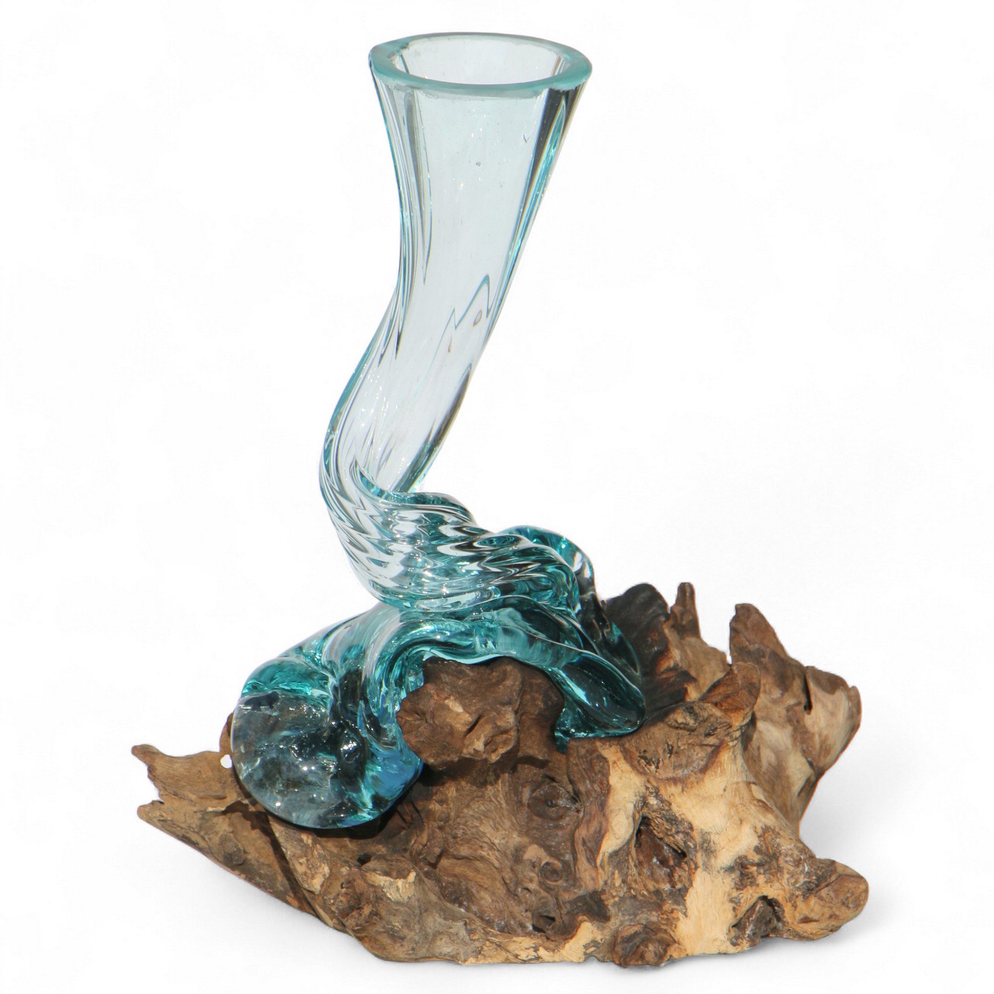 Wogeka Dekovase Glas-Vase "Osira" 25cm auf Wurzelholz Kanne Teakholz Gamal Bali