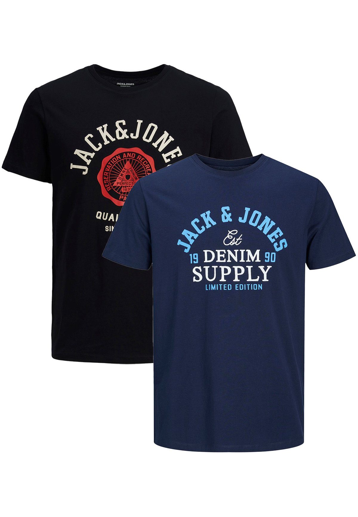 Jack & Jones T-Shirt 2-er Stück Pack Logo T-Shirts Rundhals Shirt JJELOGO (2-tlg) 4342 in Schwarz-Blau