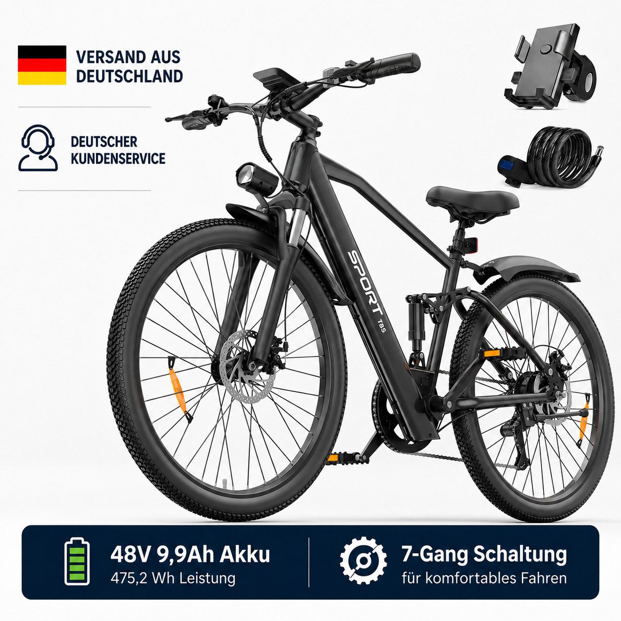 PIXAR E-Bike Cityrad 26 Zoll Elektrofahrrad 48V 9,9Ah Akku Herausnehmbarer Akku und Korb, 7 Gang, Nabenmotor, 475,2 Wh, (Packung)