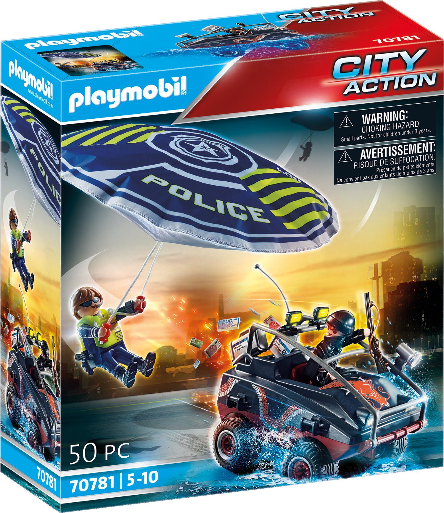 Playmobil® Konstruktions-Spielset Polizei-Fallschirm: Verfolgung des Amphibien-Fahrzeugs (70781), (80 St), City Action